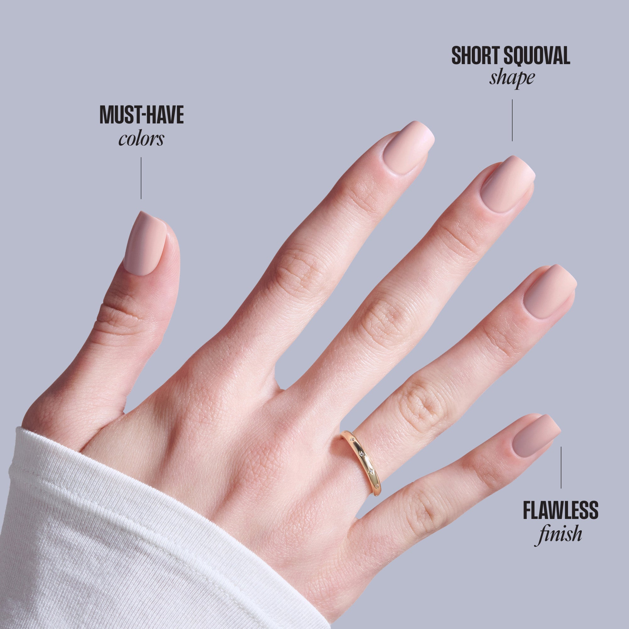 Short squoval nails in nude pink with must-have colors and flawless finish guide.