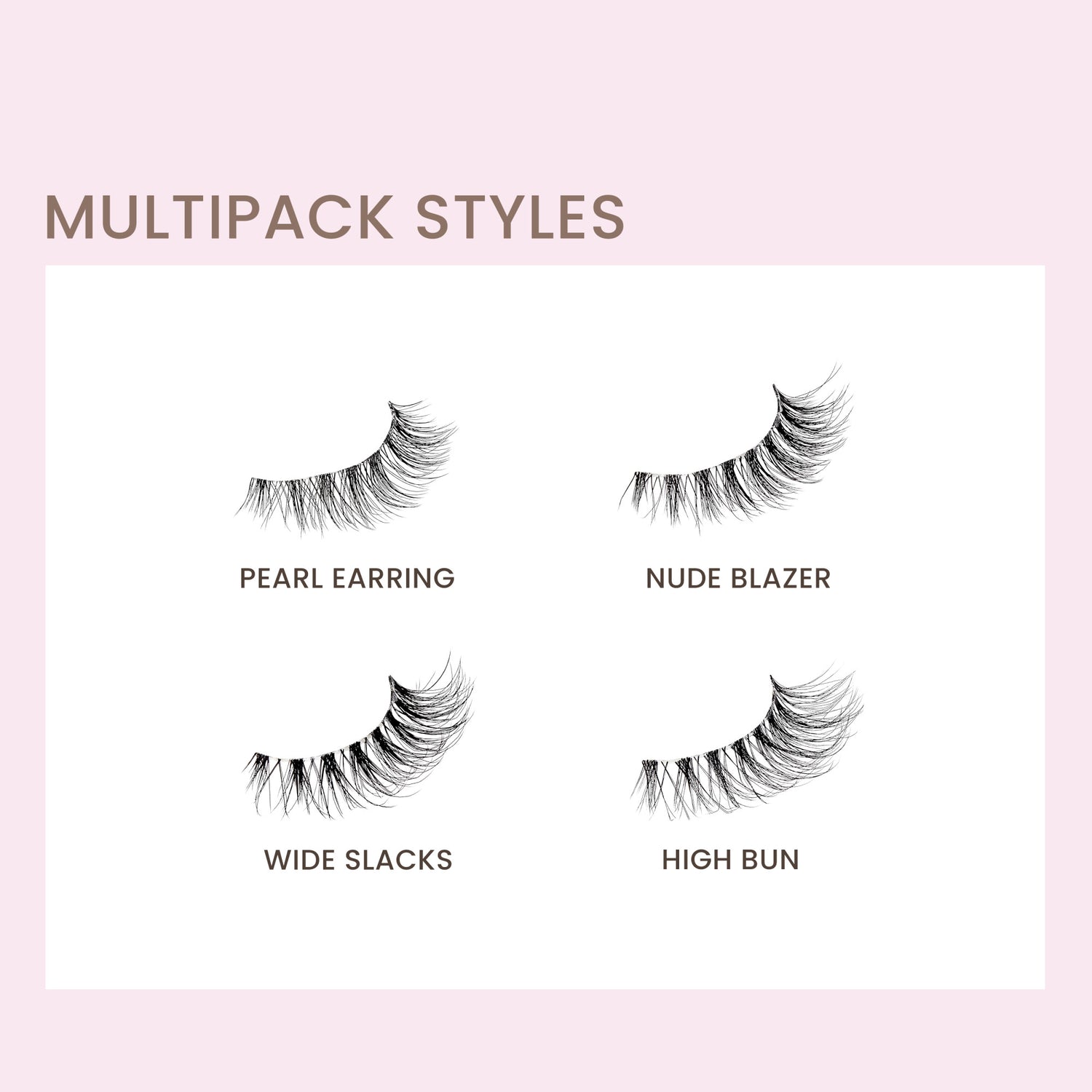 4 lash strip styles from KISS The New Natural collection, displaying which styles are available in multipacks including, &