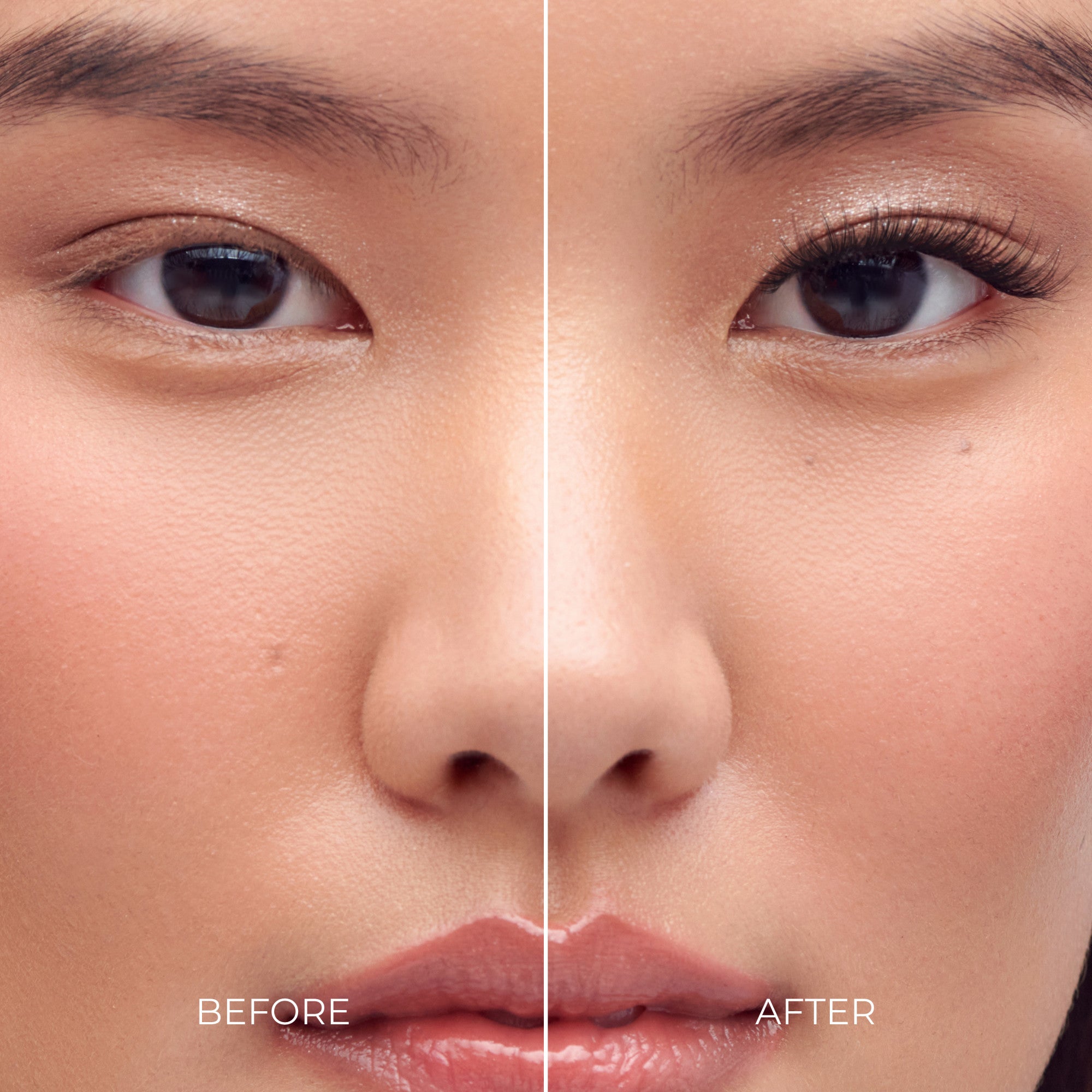 Before and after comparison of eye makeup application showing enhanced lashes and eyeshadow.