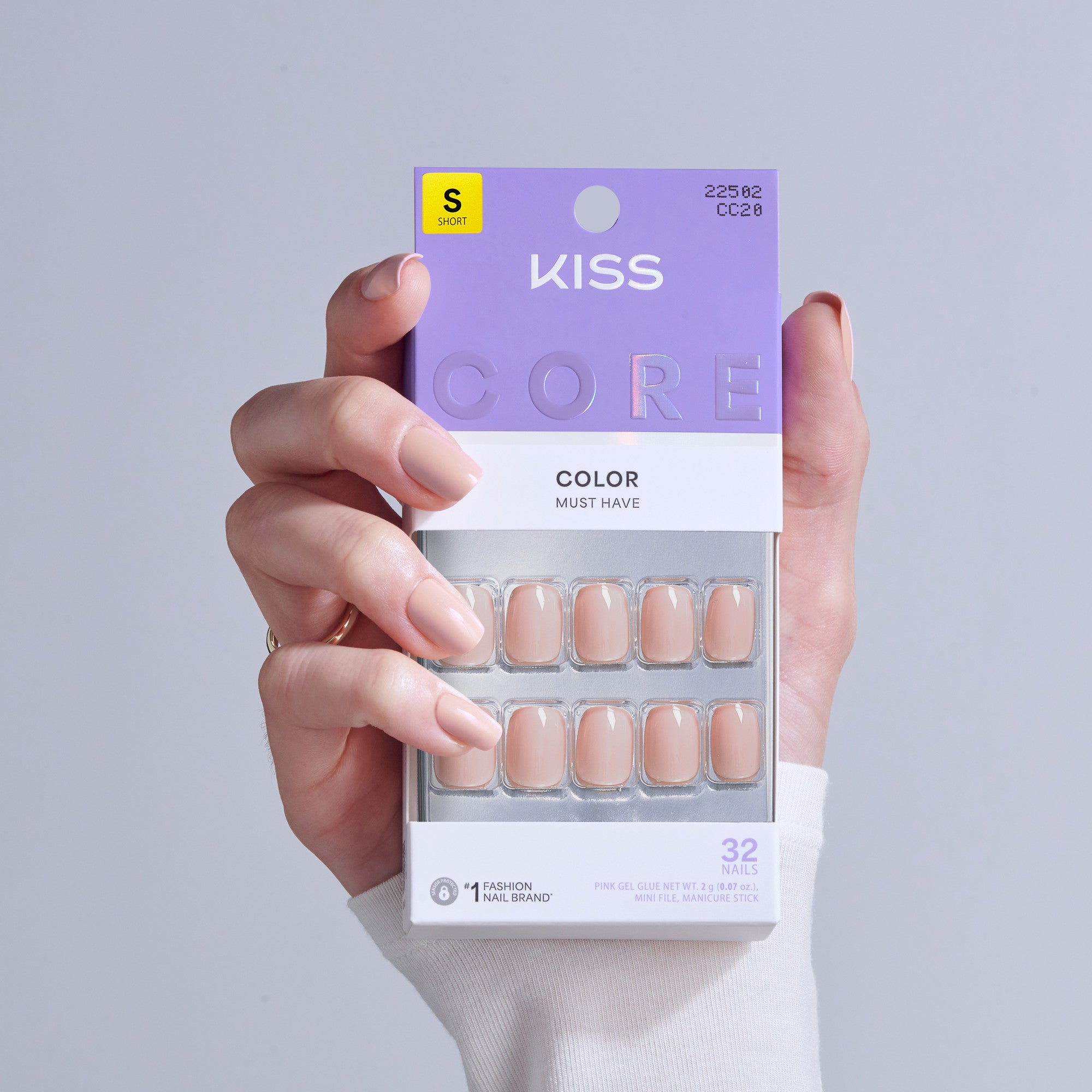KISS Core Color Must Have press-on nails in nude shade, size short, 32 count.