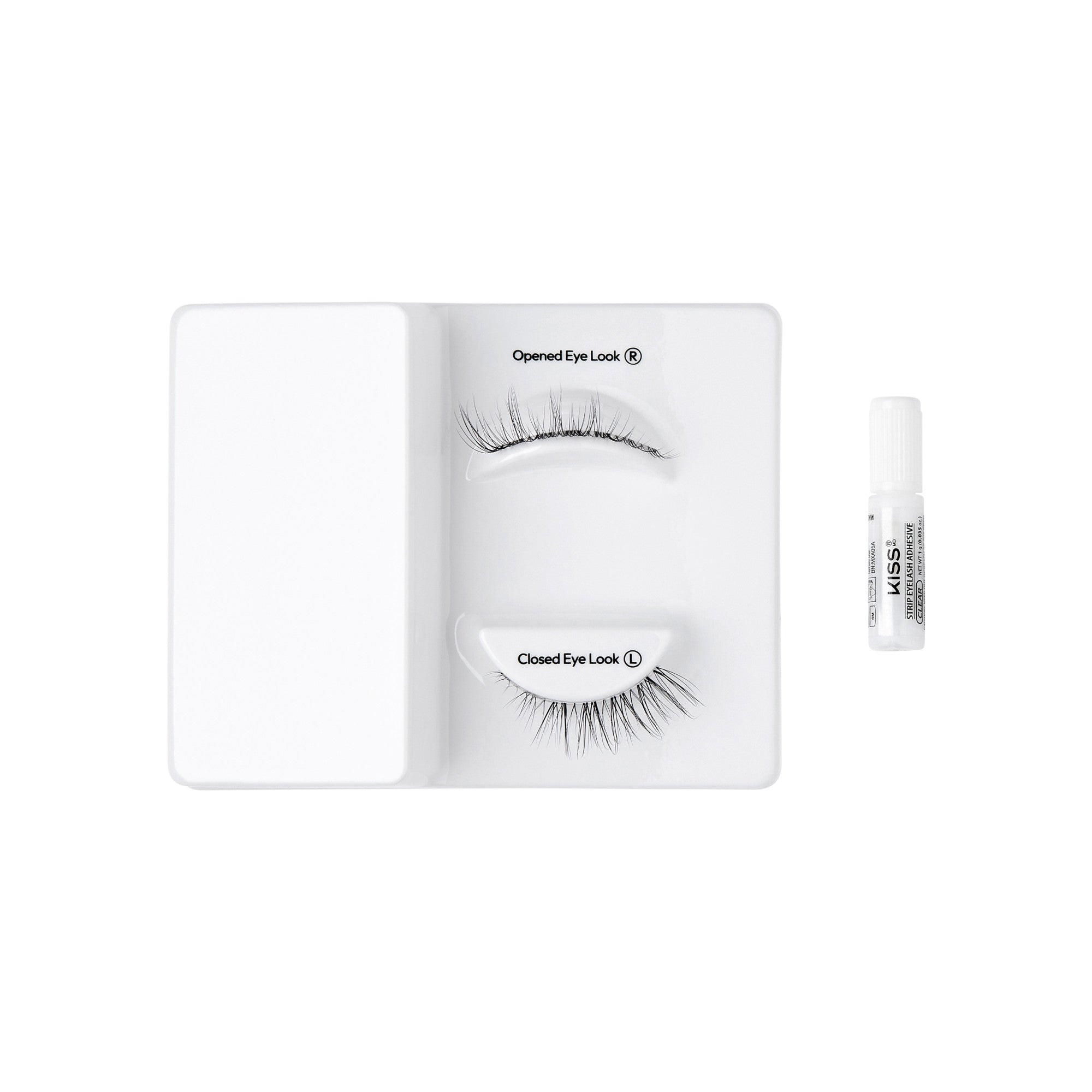 The image features a display of false eyelashes arranged on a white tray. There are two sets of lashes: one labeled "Opened Eye Look" and the other labeled "Closed Eye Look." Next to the tray, there is a small tube of adhesive, likely used for applying the lashes. The overall presentation is clean and minimalistic, emphasizing the eyelashes and the adhesive.