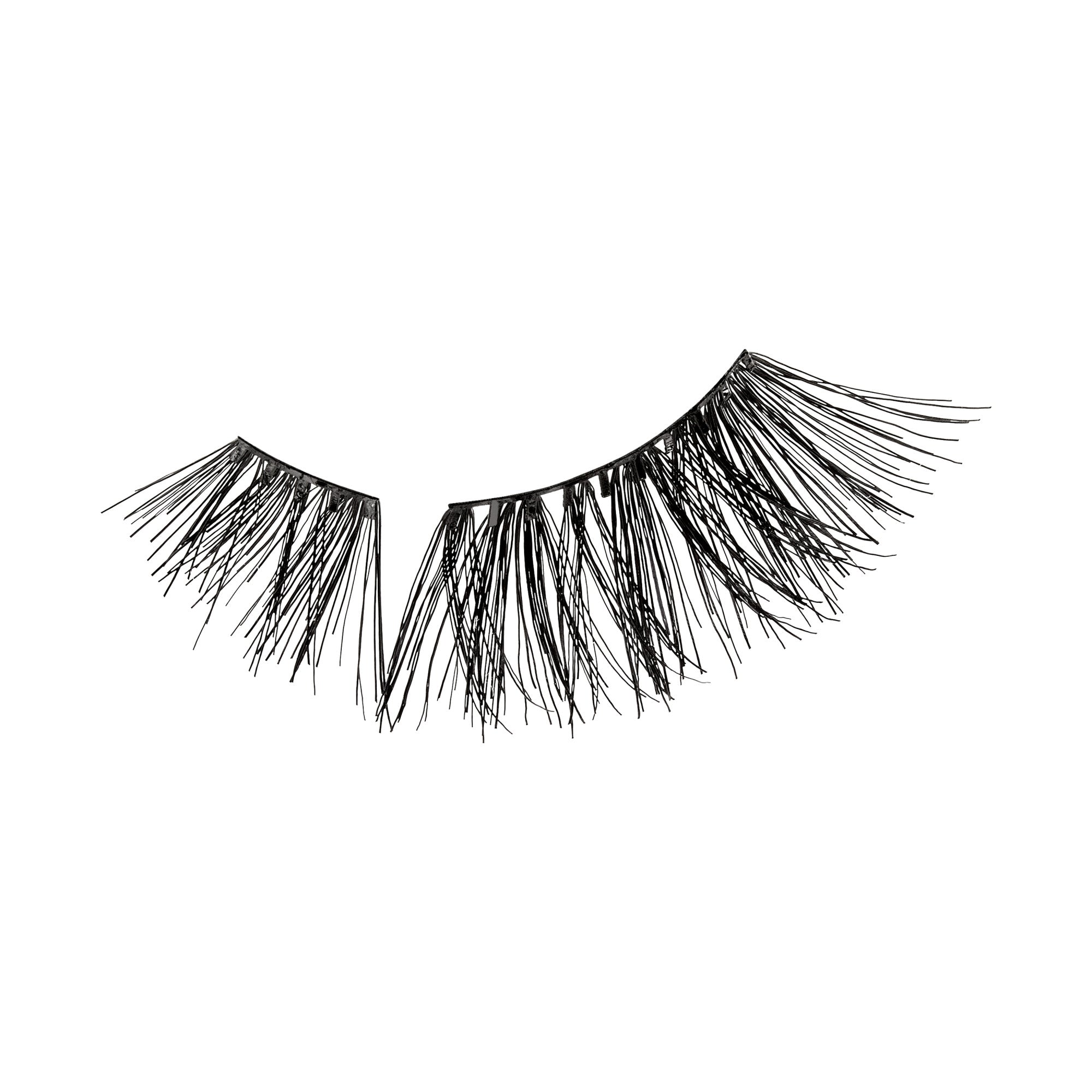 The image features a pair of false eyelashes. They are long and black, with a wispy design that gives a dramatic and voluminous appearance. The lashes are arranged in a curved shape, ideal for enhancing the eyes and adding a touch of glamour to makeup looks. The background is plain white, emphasizing the detail and texture of the lashes.