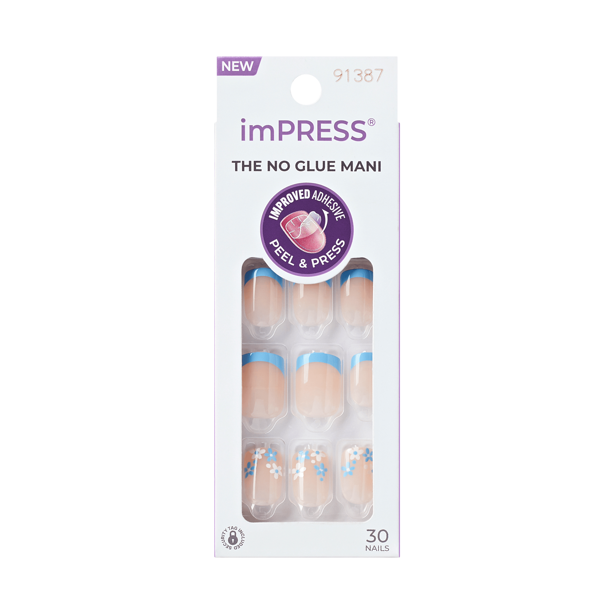 imPRESS The No Glue Mani press-on nails with blue French tips, 30 count package.