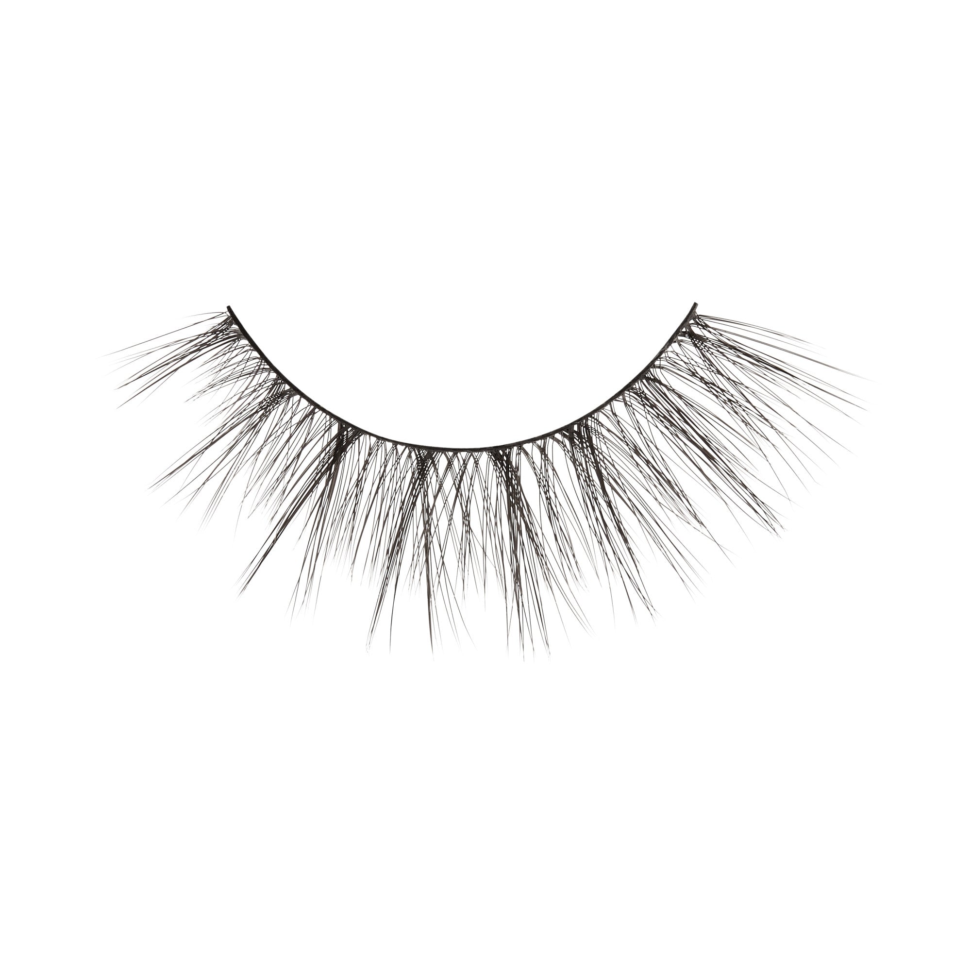 False eyelashes with black band and wispy strands on white background.