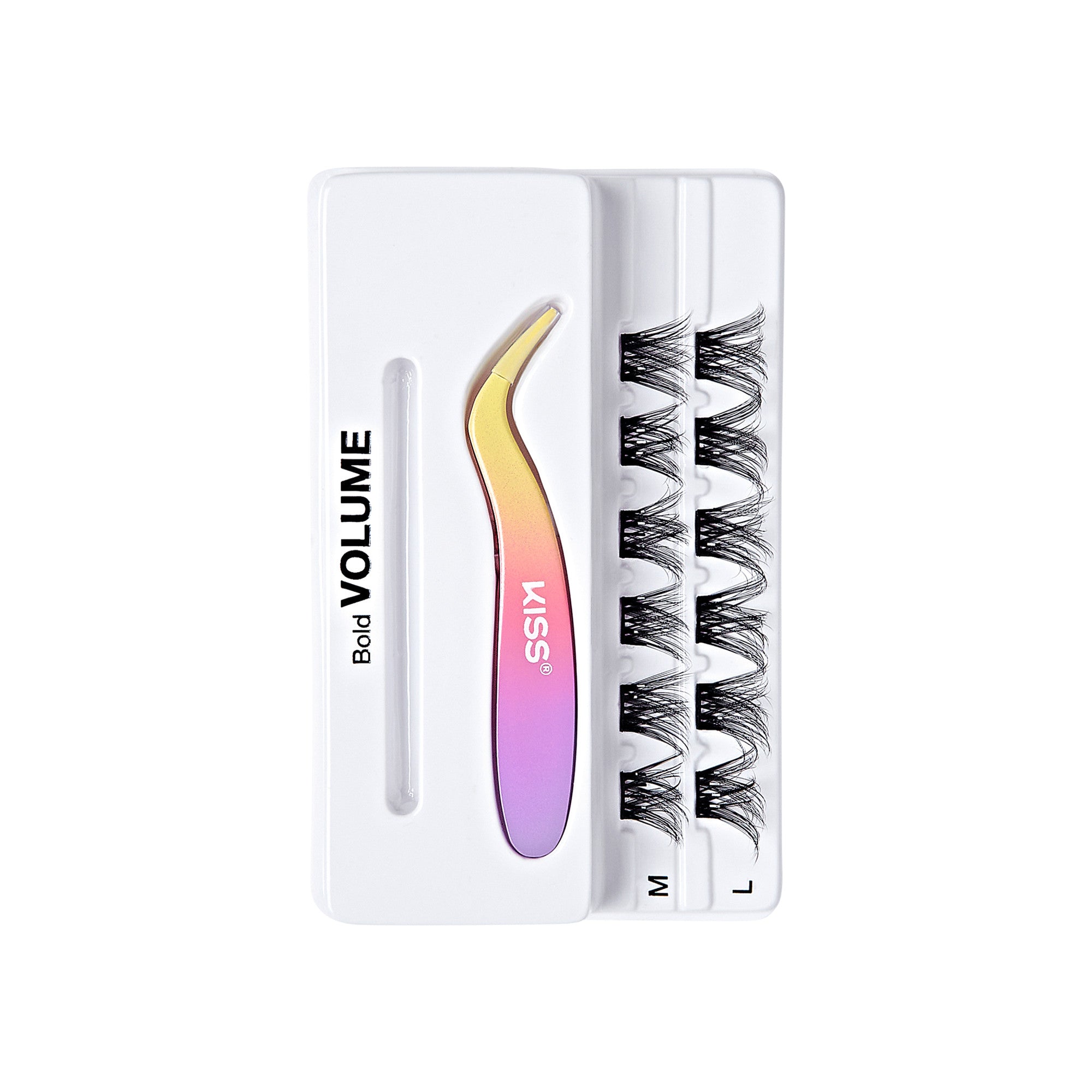 The image shows a set of false eyelashes and an applicator tool. The set is branded "KISS" and is labeled "Bold VOLUME." The packaging includes three pairs of false eyelashes, each labeled with different sizes: "S," "M," and "L." The applicator tool has a gradient color, transitioning from yellow to pink. The overall packaging is white, with the brand name and product description printed in black.