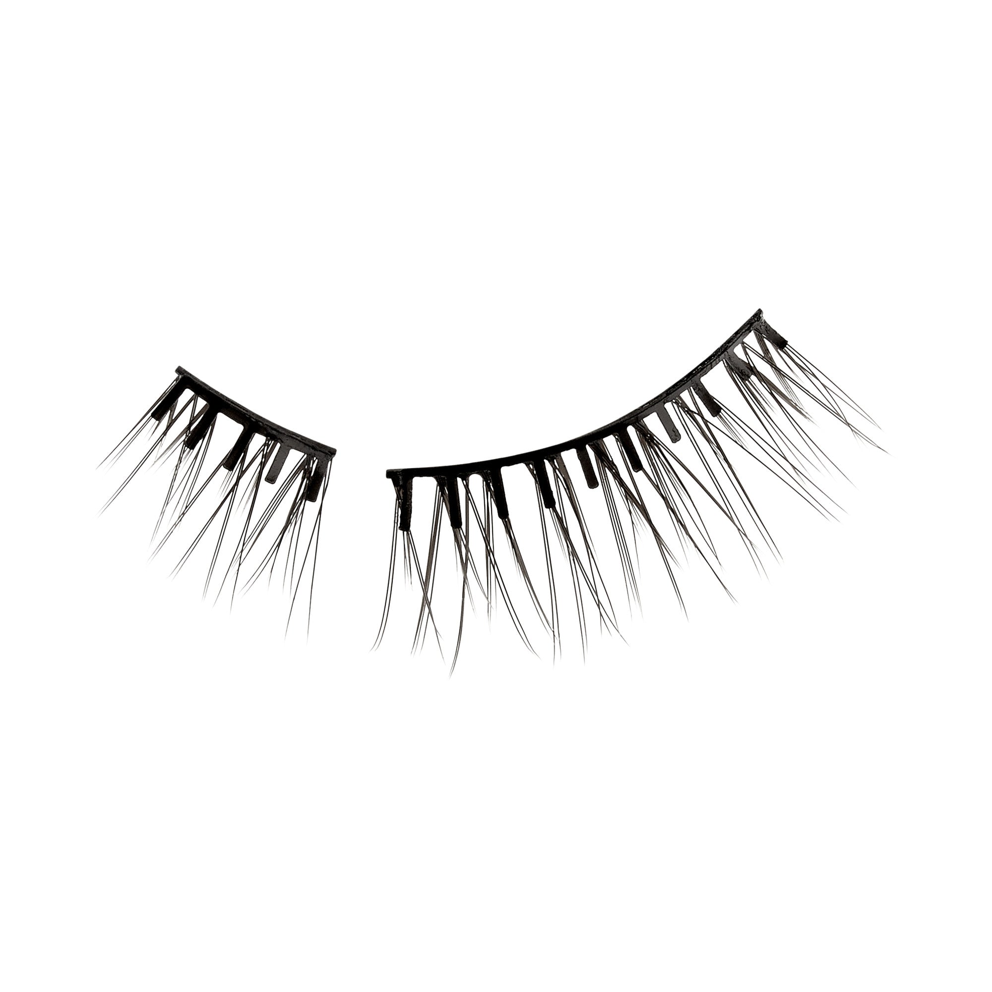 The image features a pair of false eyelashes. One strip is slightly separated from the other, showcasing a dramatic, elongated design. The lashes are black and have varying lengths, creating a feathery appearance. The overall look is designed to enhance the eyes, adding volume and length to natural lashes.