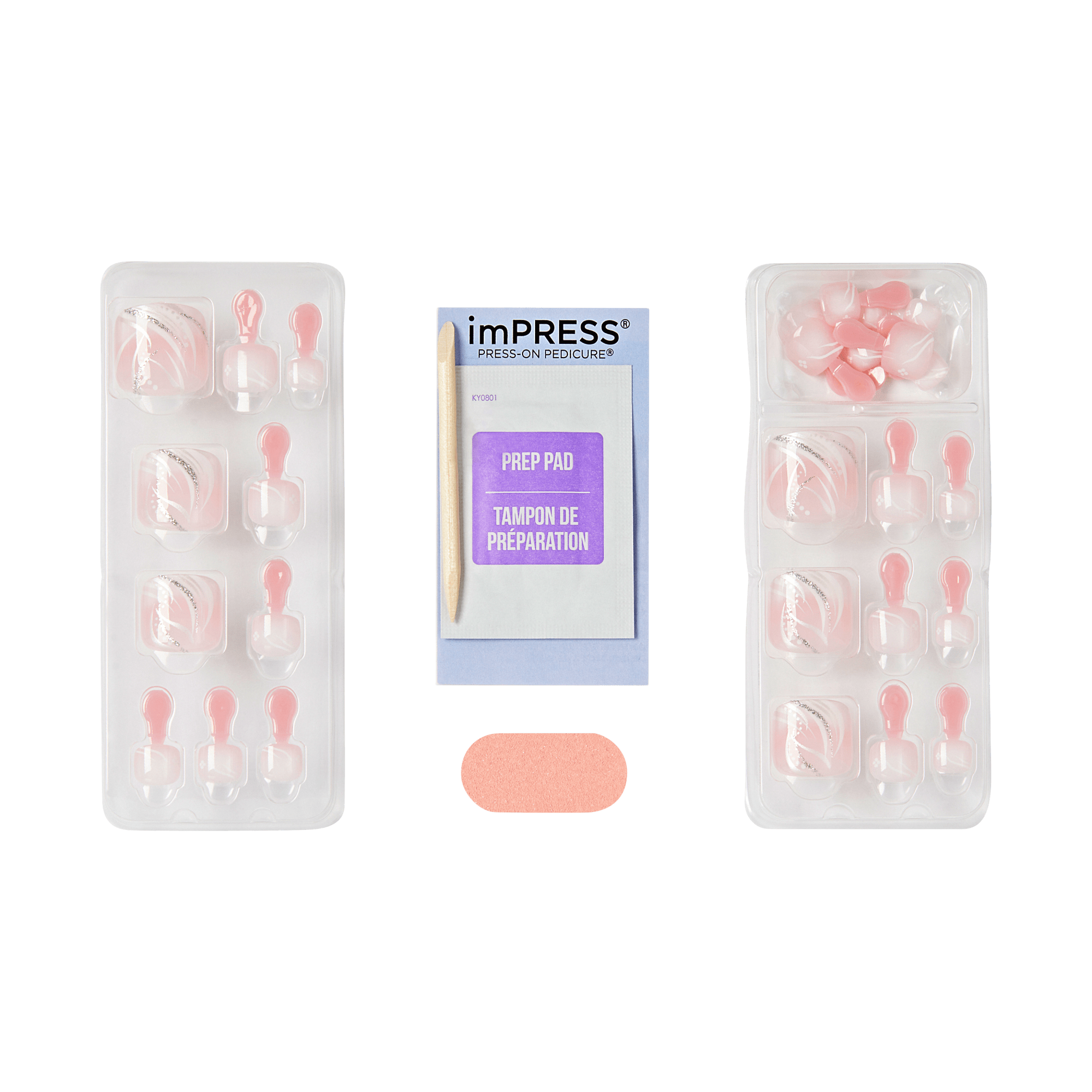 Two nail trays with pink pedicure chips, nail prep pad and pink file