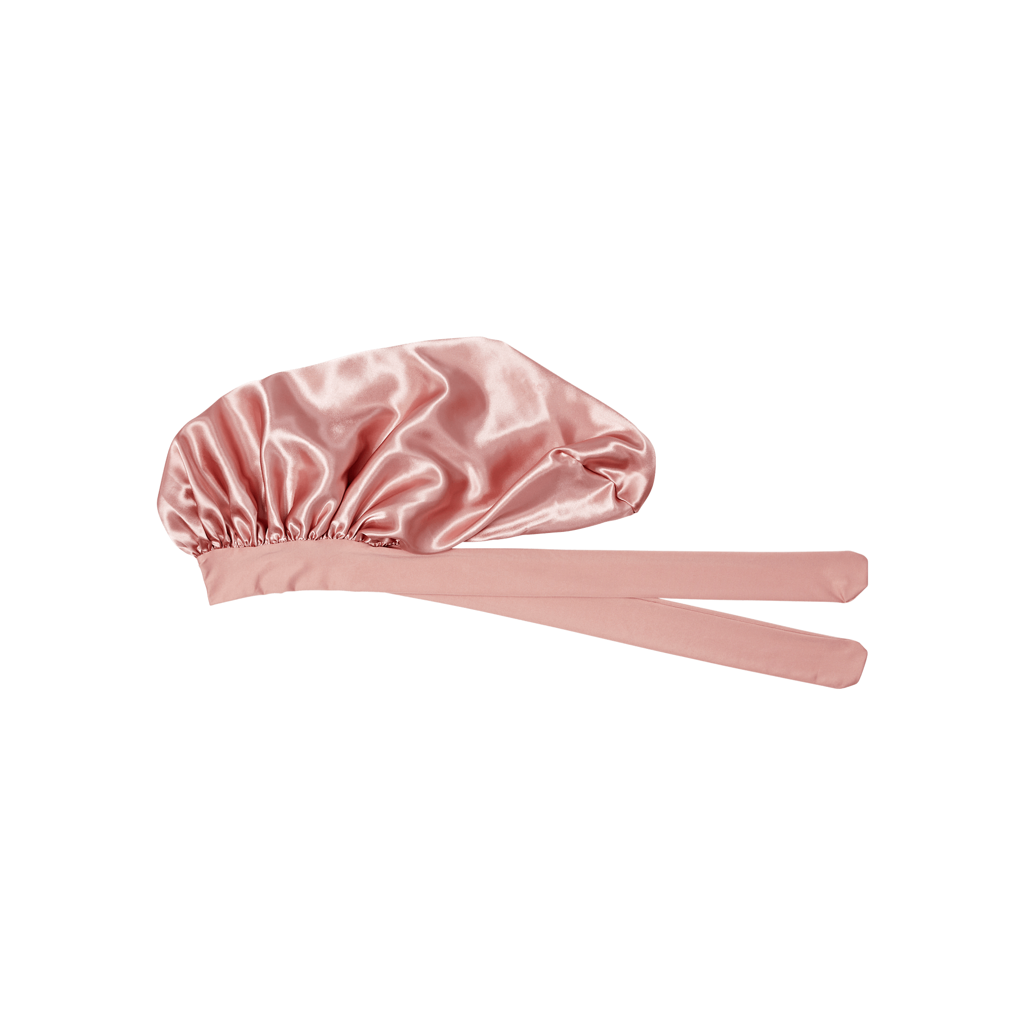 Pink satin bonnet with adjustable ties for hair protection.