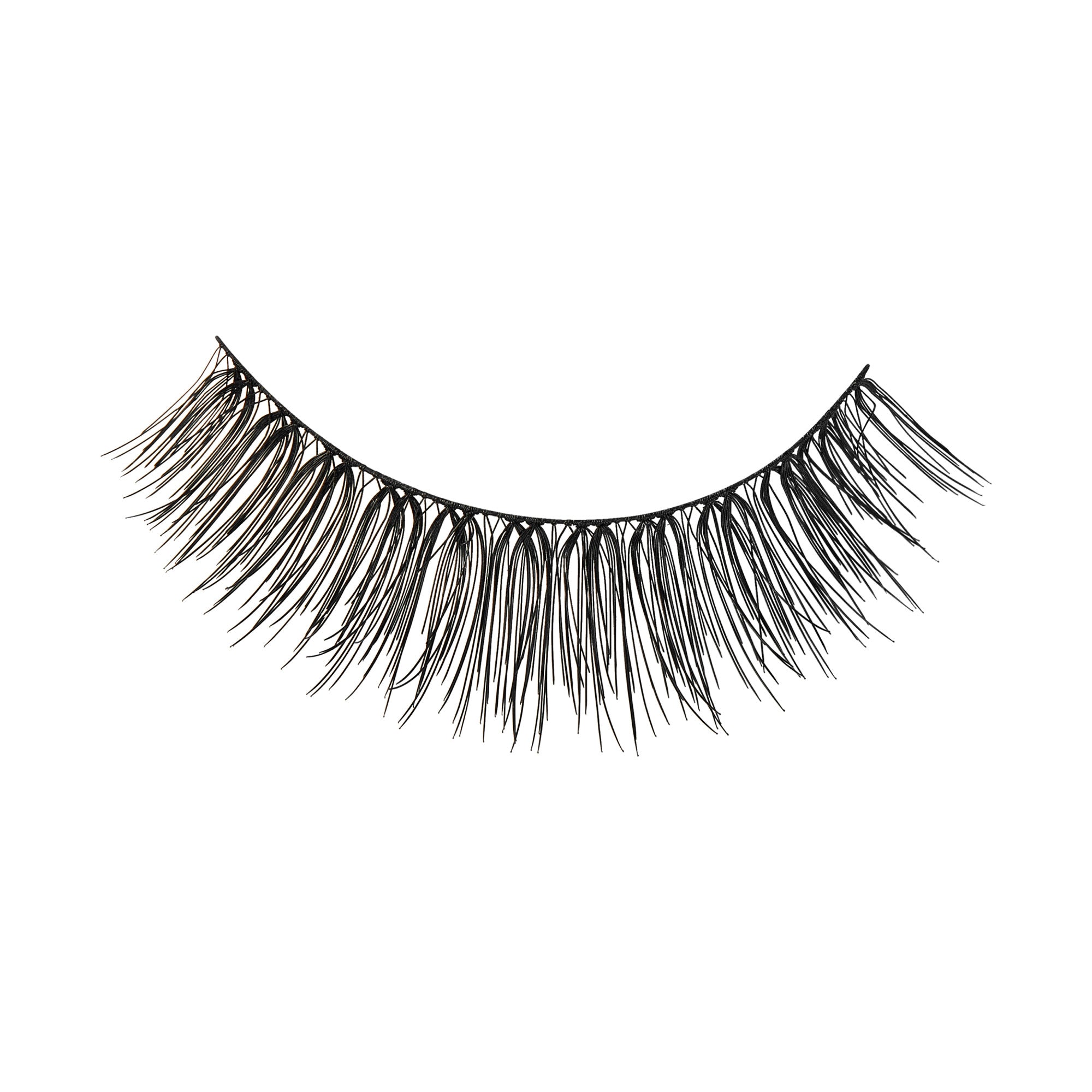 The image features a pair of false eyelashes. They are long and wispy, with a natural-looking gradient in length, where the lashes are shorter towards the inner corner and gradually become longer towards the outer edge. The lashes are black and have a slight curl, giving them a voluminous and dramatic appearance. The background is plain, emphasizing the detail and texture of the eyelashes.