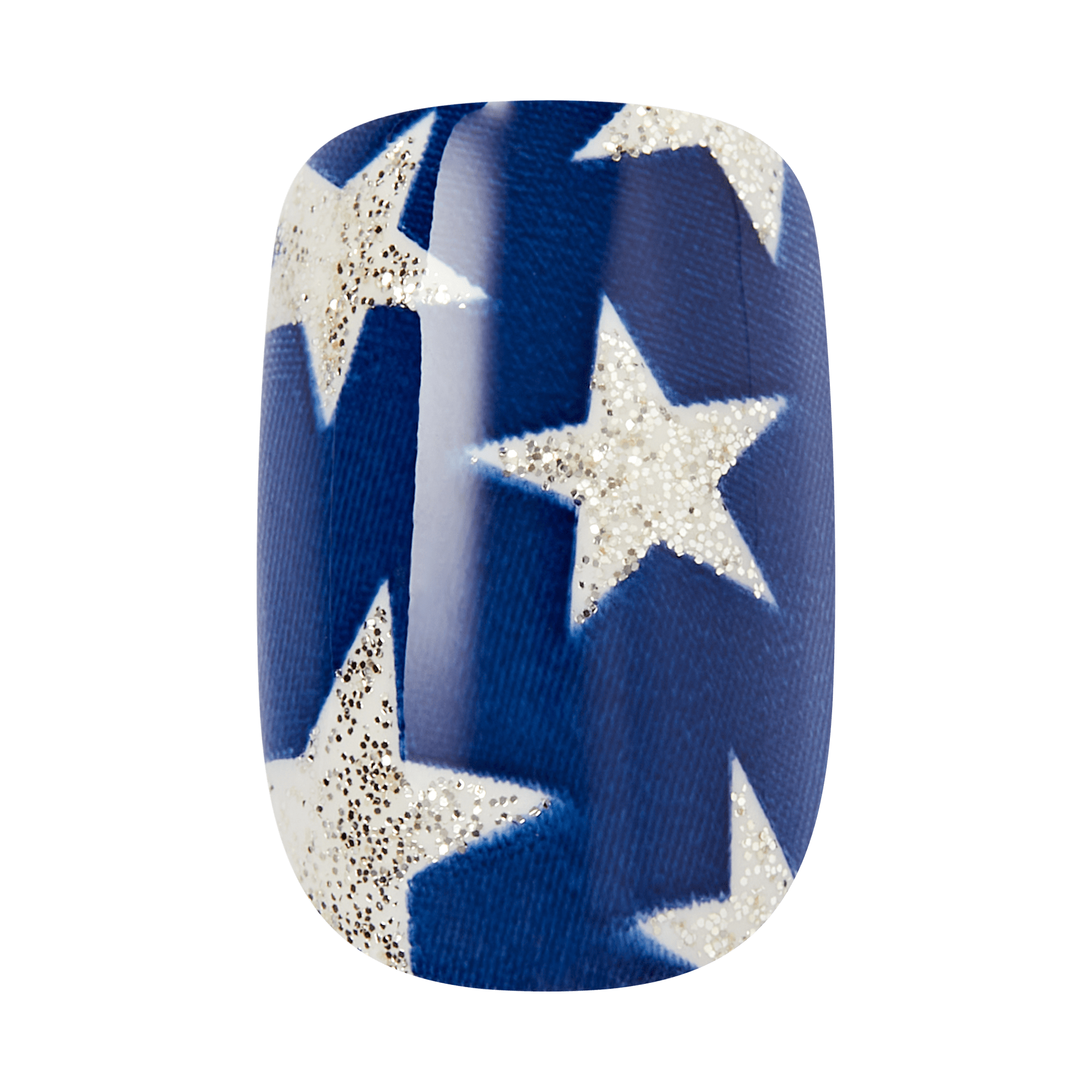 Navy blue nail polish with silver glitter stars design