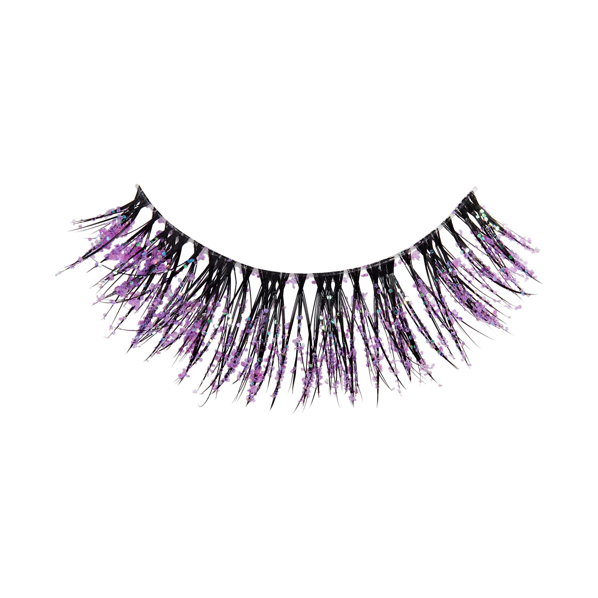 The image features a pair of false eyelashes that are predominantly black with vibrant purple accents. The lashes are long and dramatic, with a spiky appearance that adds a bold flair. The purple highlights are interspersed throughout the lashes, giving them a unique and eye-catching look. The background is plain white, emphasizing the striking design of the eyelashes.