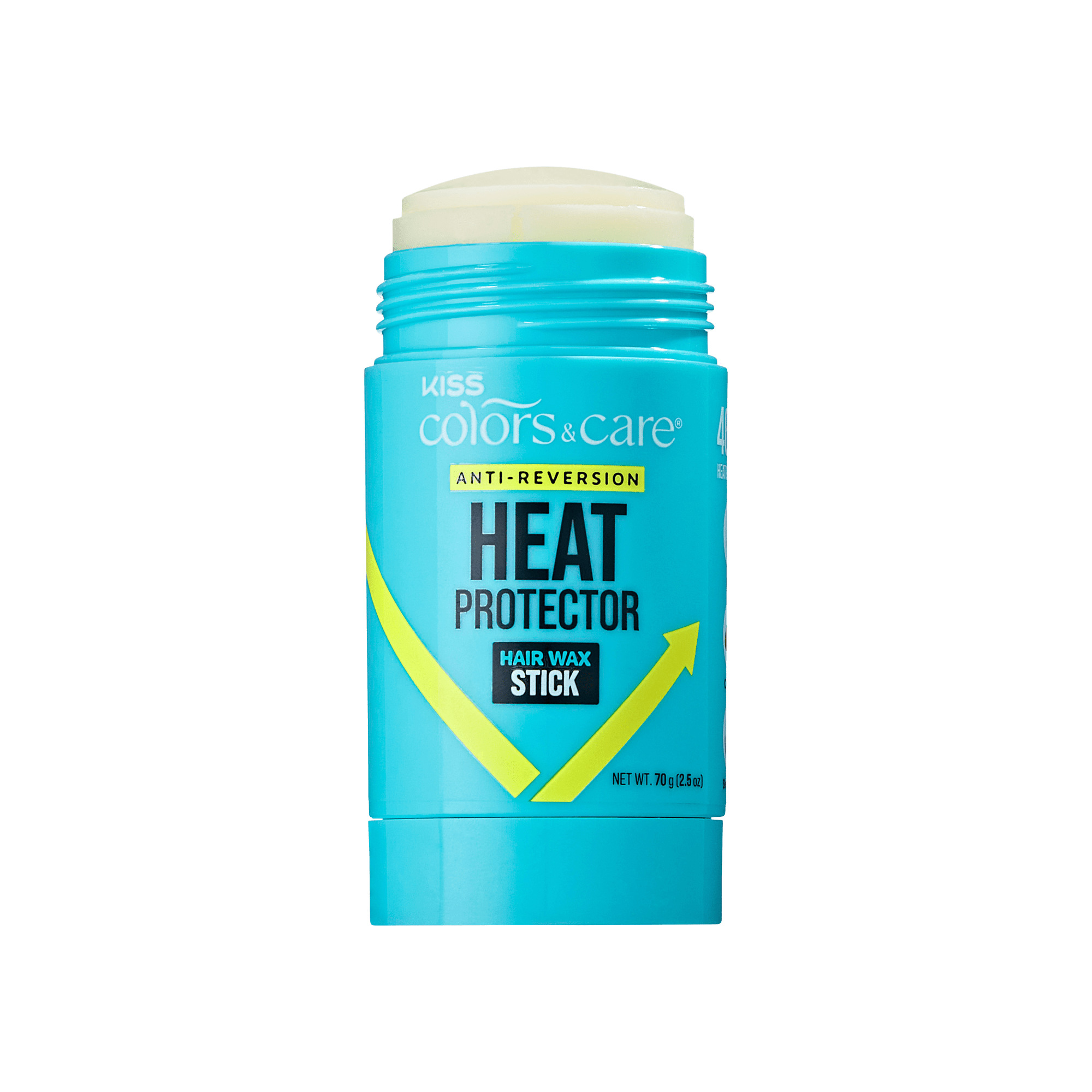 KISS Colors & Care blue heat protector hair wax stick with yellow accent, labeled "Anti-Reversion Heat Protector Hair Wax Stick," 70g size.