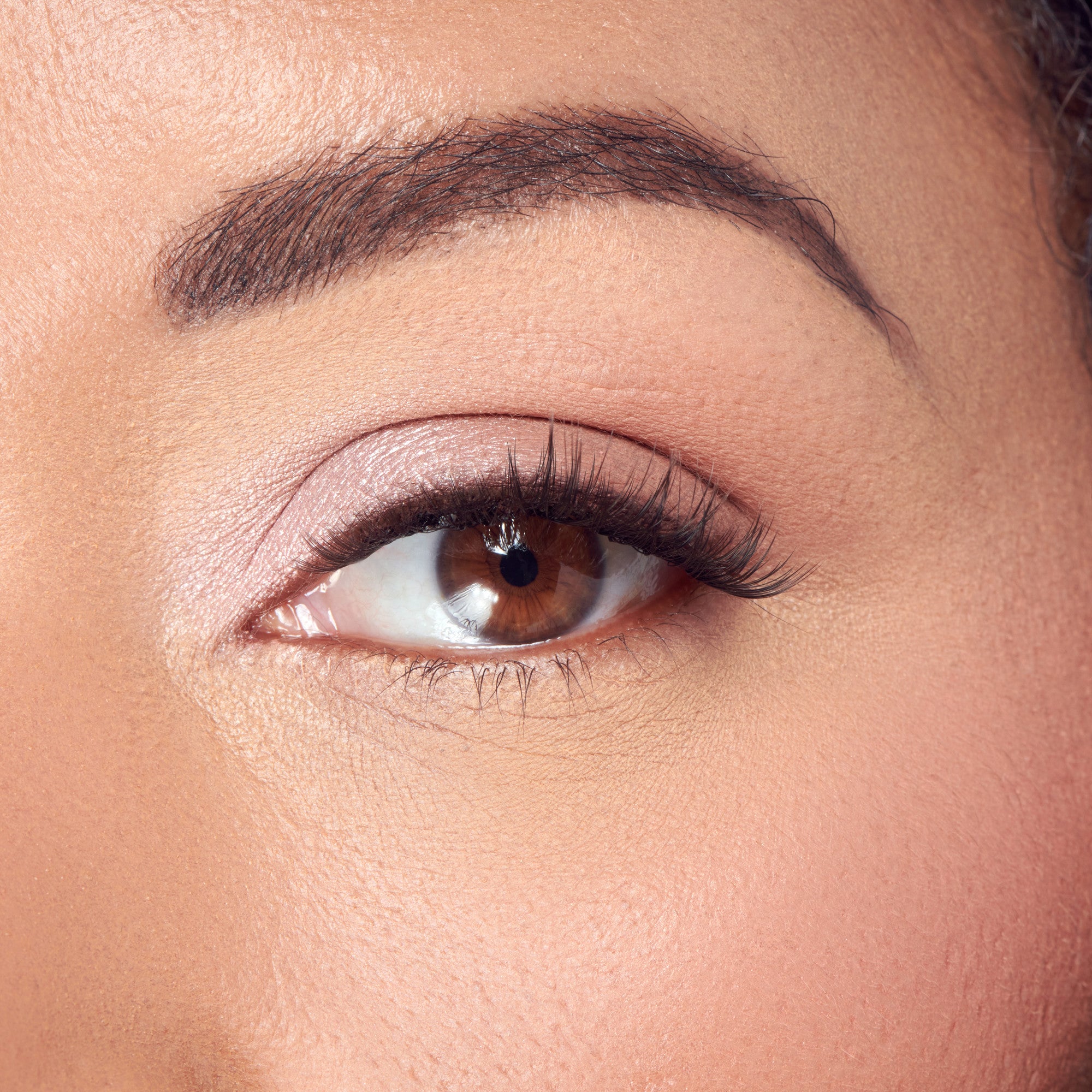 Close-up of brown eye with dark eyeshadow, defined brow, and black eyeliner.
