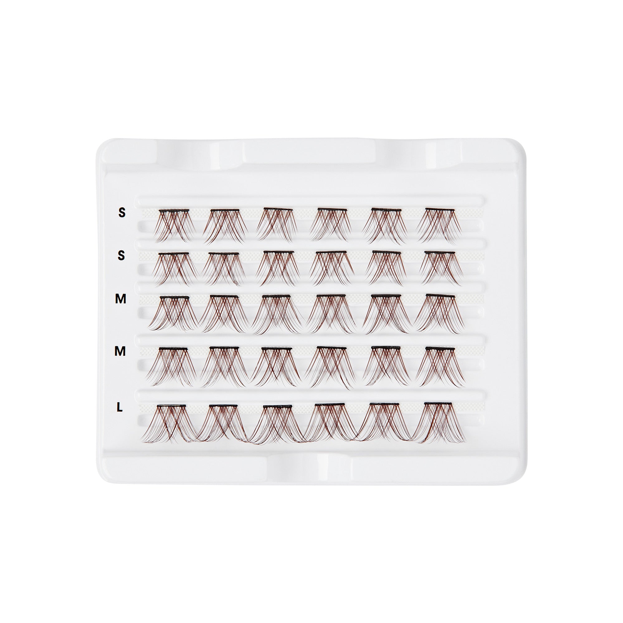 The image shows a white plastic tray containing multiple sets of false eyelashes. The tray is organized into five rows, each labeled with a different size: "S" (small), "S" (small), "M" (medium), "M" (medium), and "L" (large). Each row contains several clusters of false eyelashes, with the clusters becoming progressively longer from the top row (small) to the bottom row (large). The eyelashes are arranged neatly in their respective slots within the tray.