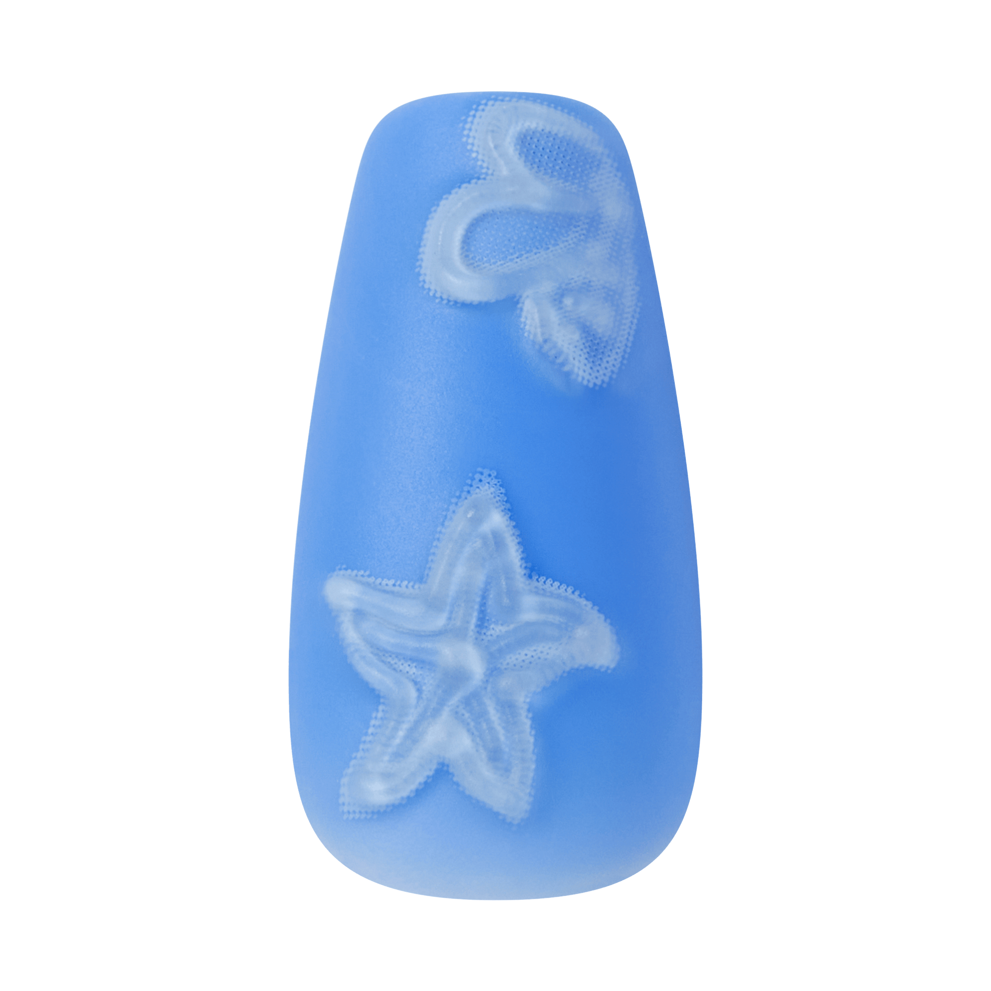 Single medium coffin-shaped press-on nail in blue with white embossed shell and starfish designs on a transparent background