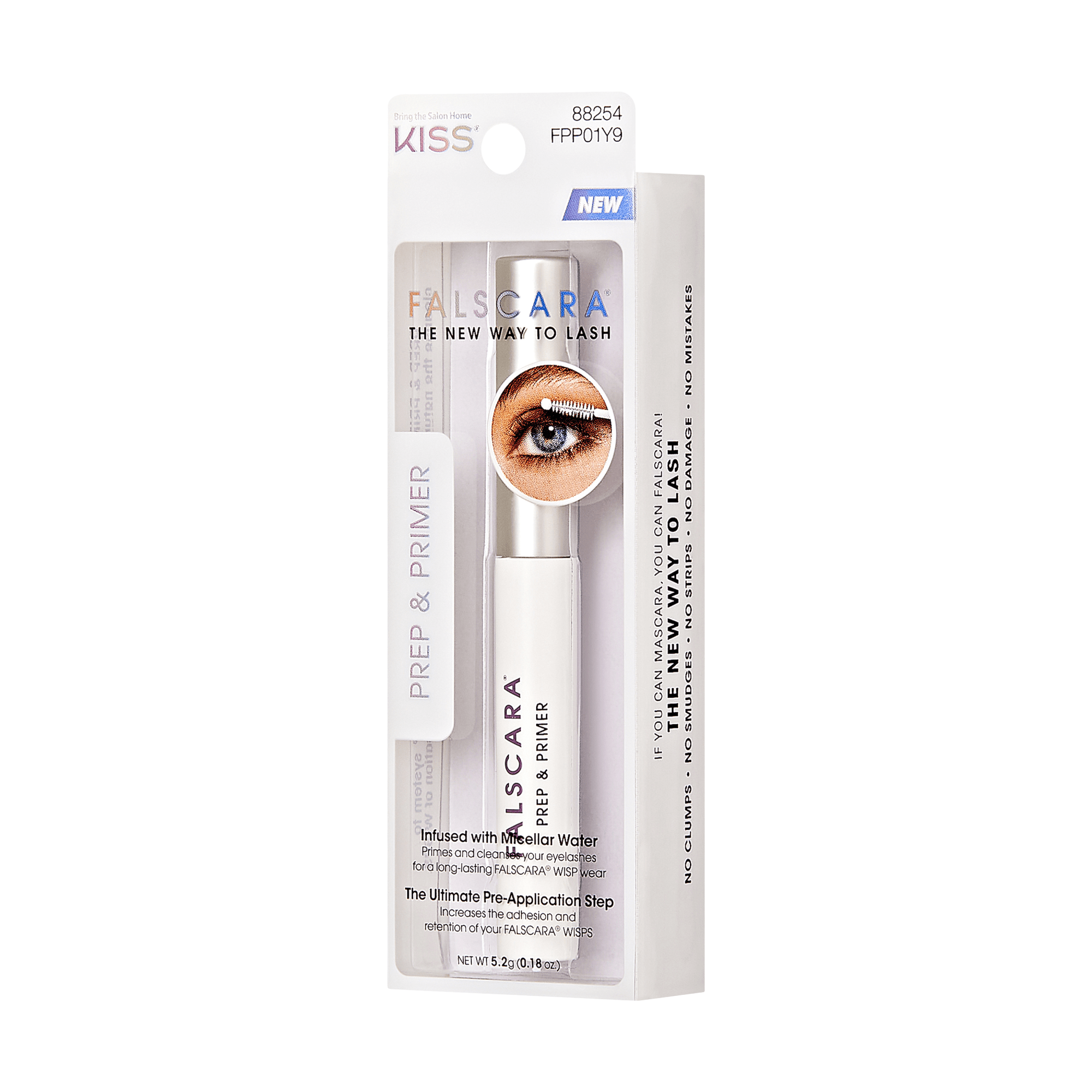 FALSCARA Prep & Primer in white tube with silver cap, in clear packaging highlighting \