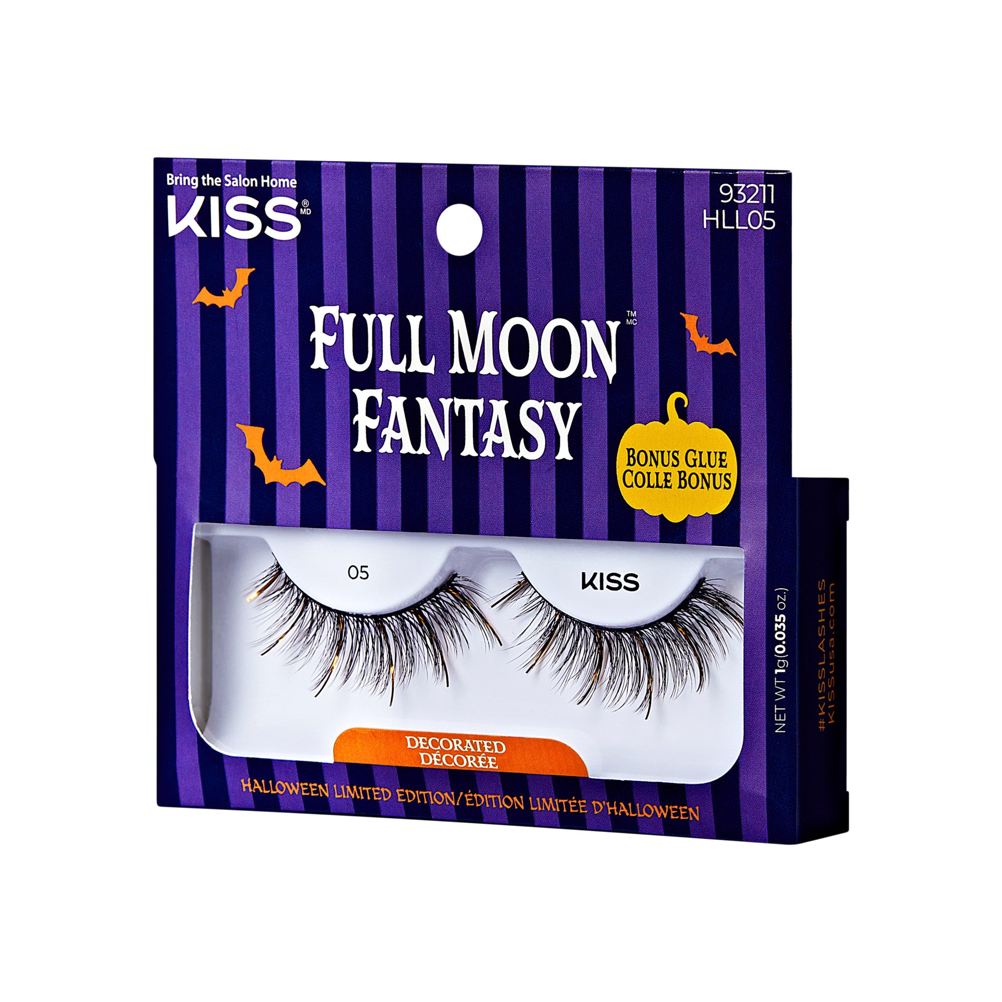 The image shows a package of false eyelashes from the brand "KISS." The product is named "Full Moon Fantasy" and is part of a Halloween limited edition. The packaging has a purple and black striped background with Halloween-themed graphics, including a pumpkin and a bat. The package also mentions that it includes bonus glue. The style number of the eyelashes is "05," and they are described as "Decorated Décorée." The product code "93211 HL05" is also visible on the top right corner of the package.