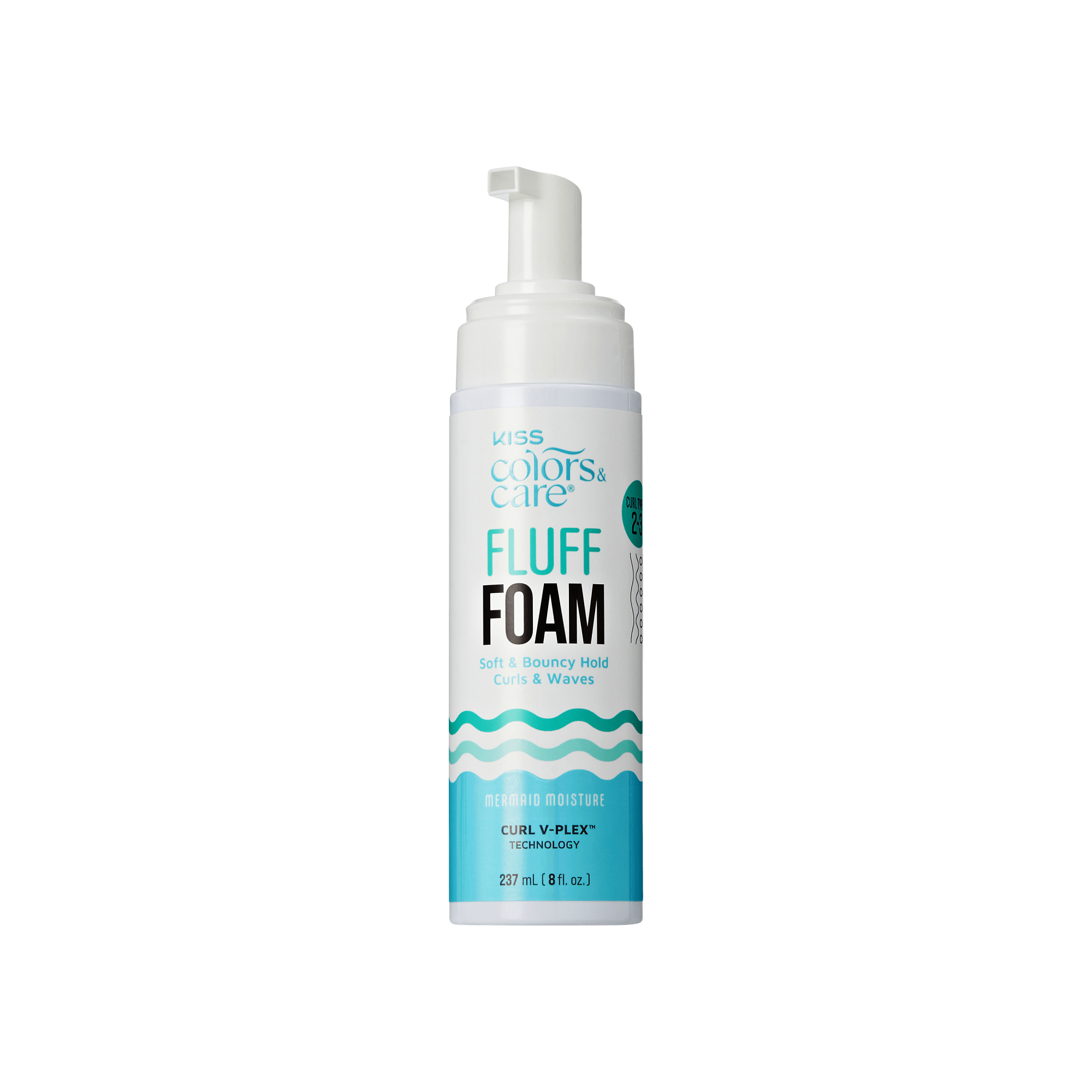 KISS Colors & Care Fluff Foam styling product with pump dispenser, 237mL bottle