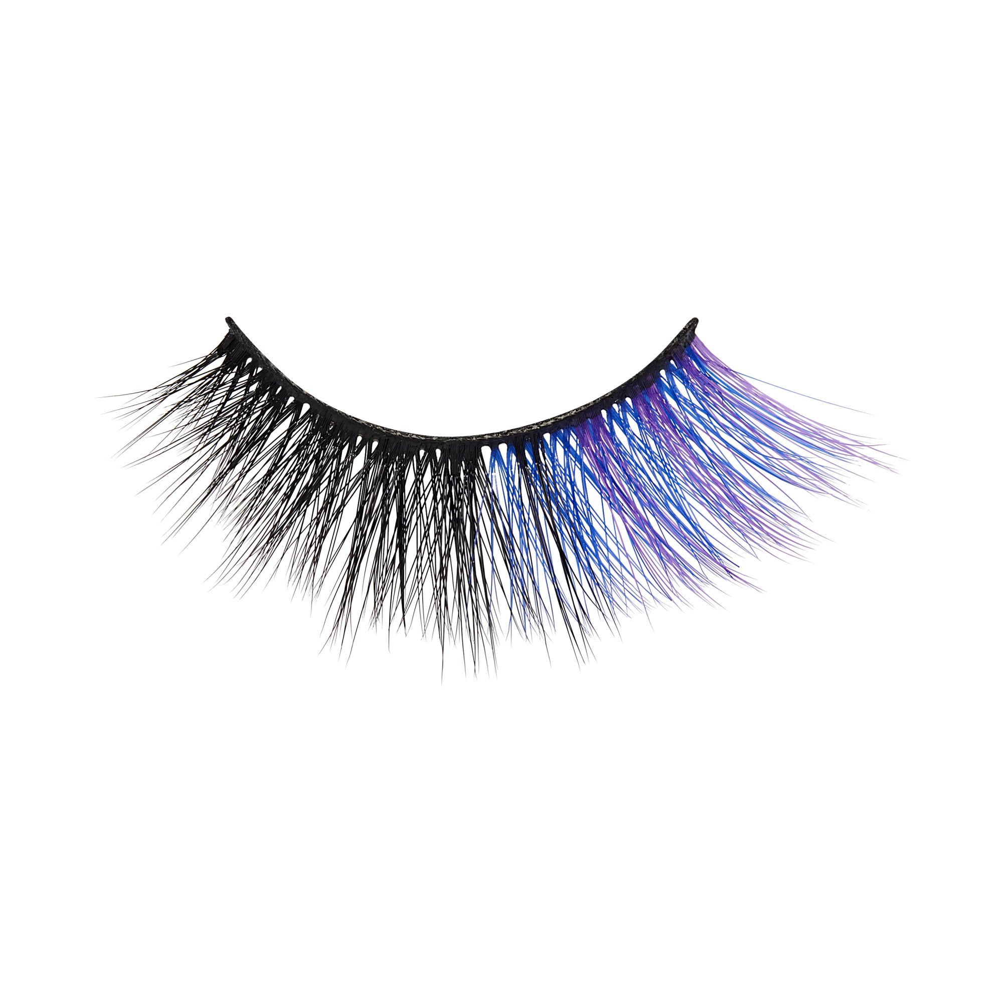 False eyelashes with black and blue-purple gradient coloring on black band.