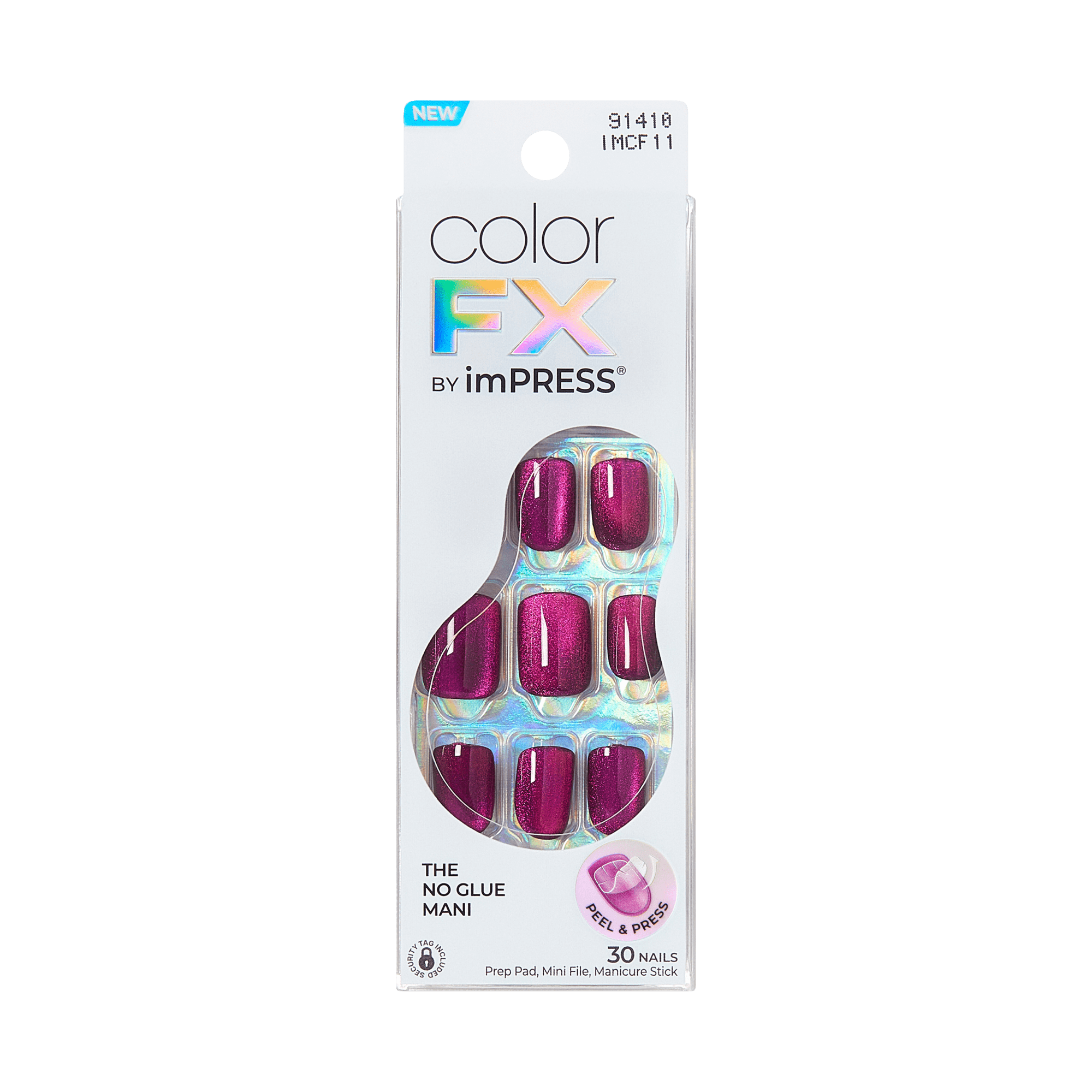 colorFX by imPRESS press-on nails in shimmering deep pink, visible through window on white packaging labeled \