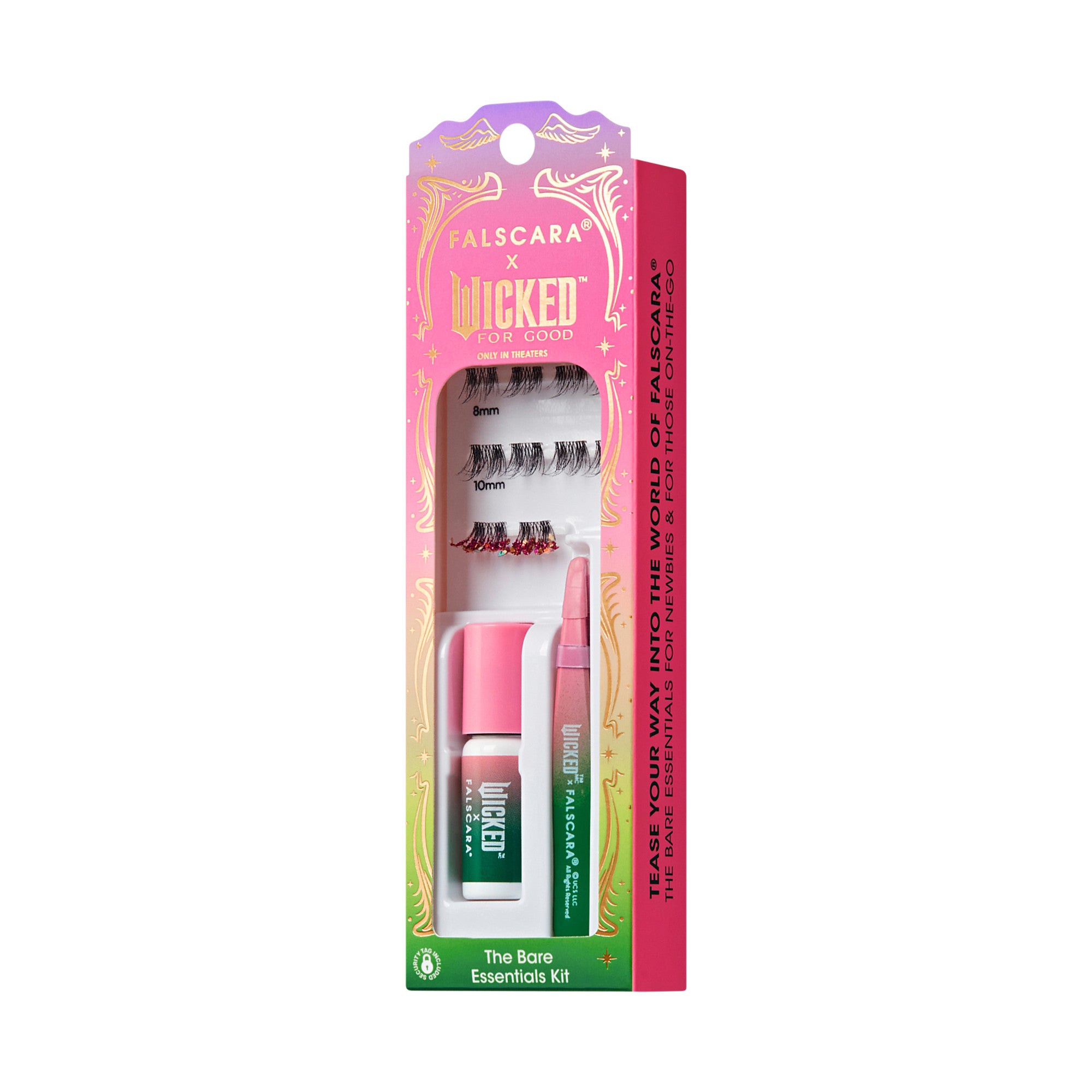 FALSCARA x Wicked: For Good eyelash kit with three lash styles (8mm, 10mm, colorful), adhesive, and applicator in pink and green packaging.