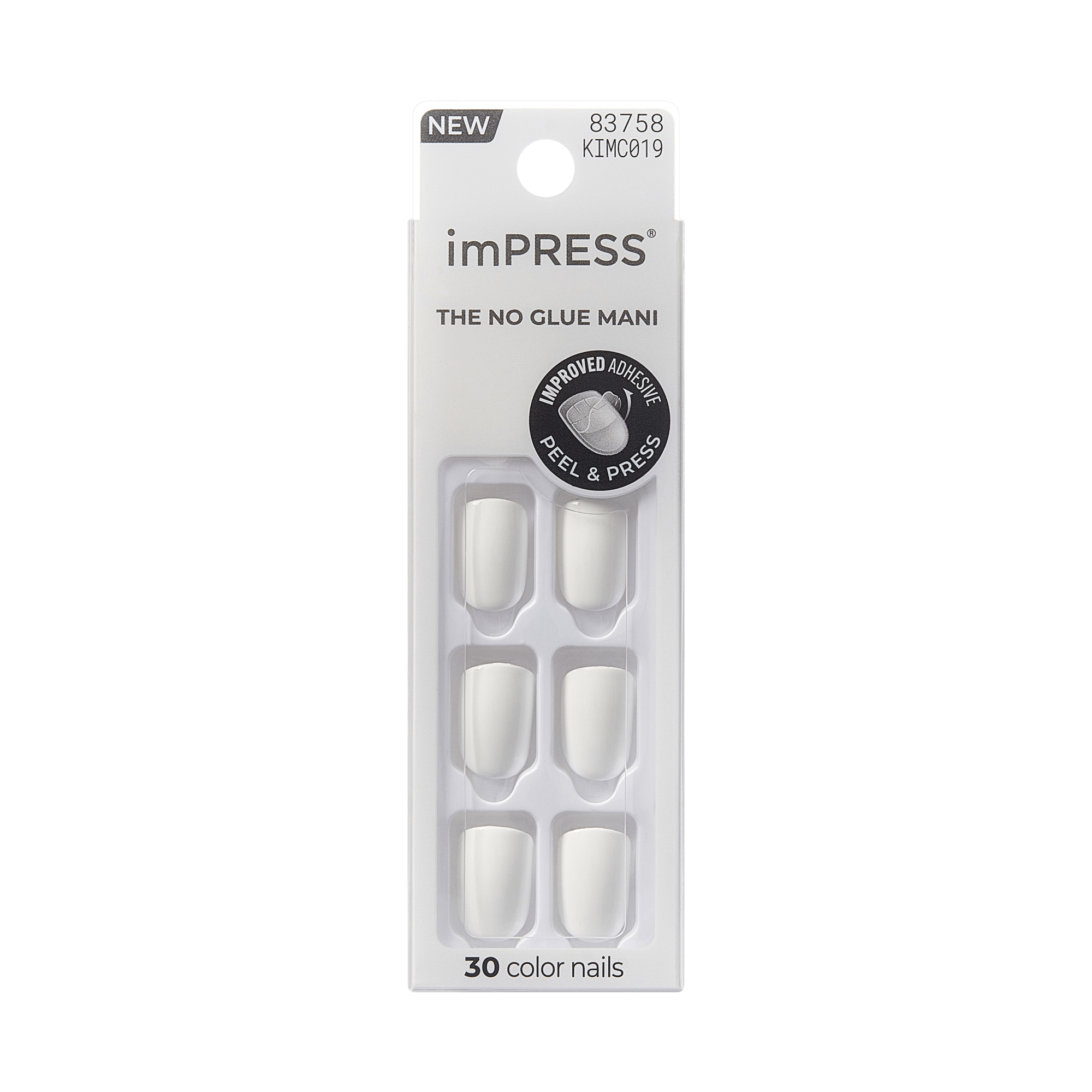 imPRESS Frosting press-on nails in white, displayed in packaging with 30 nails, labeled “The No Glue Mani” and “Improved Adhesive Peel & Press.”