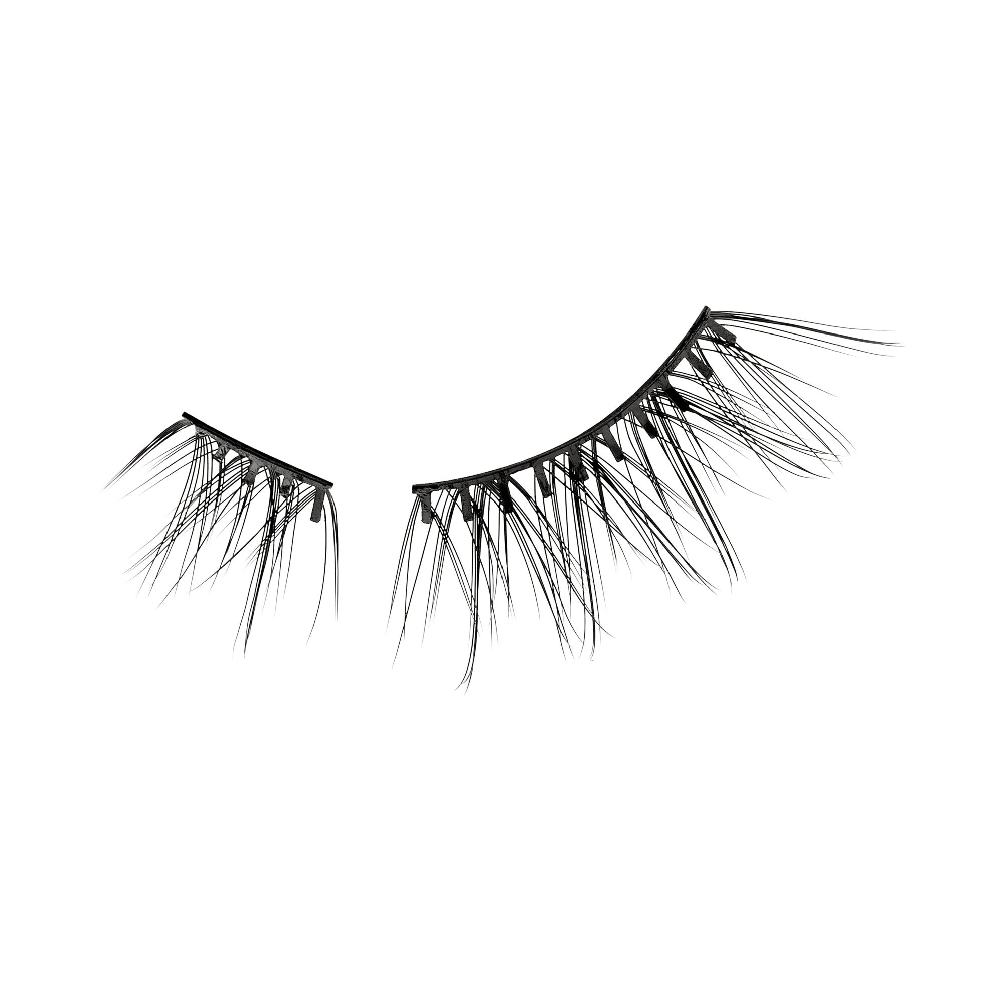 The image features a pair of false eyelashes. One lash strip is slightly separated from the other, showcasing a dramatic, feathery design. The lashes are long and black, with varying lengths that create a voluminous and textured appearance. The background is plain white, emphasizing the lashes&