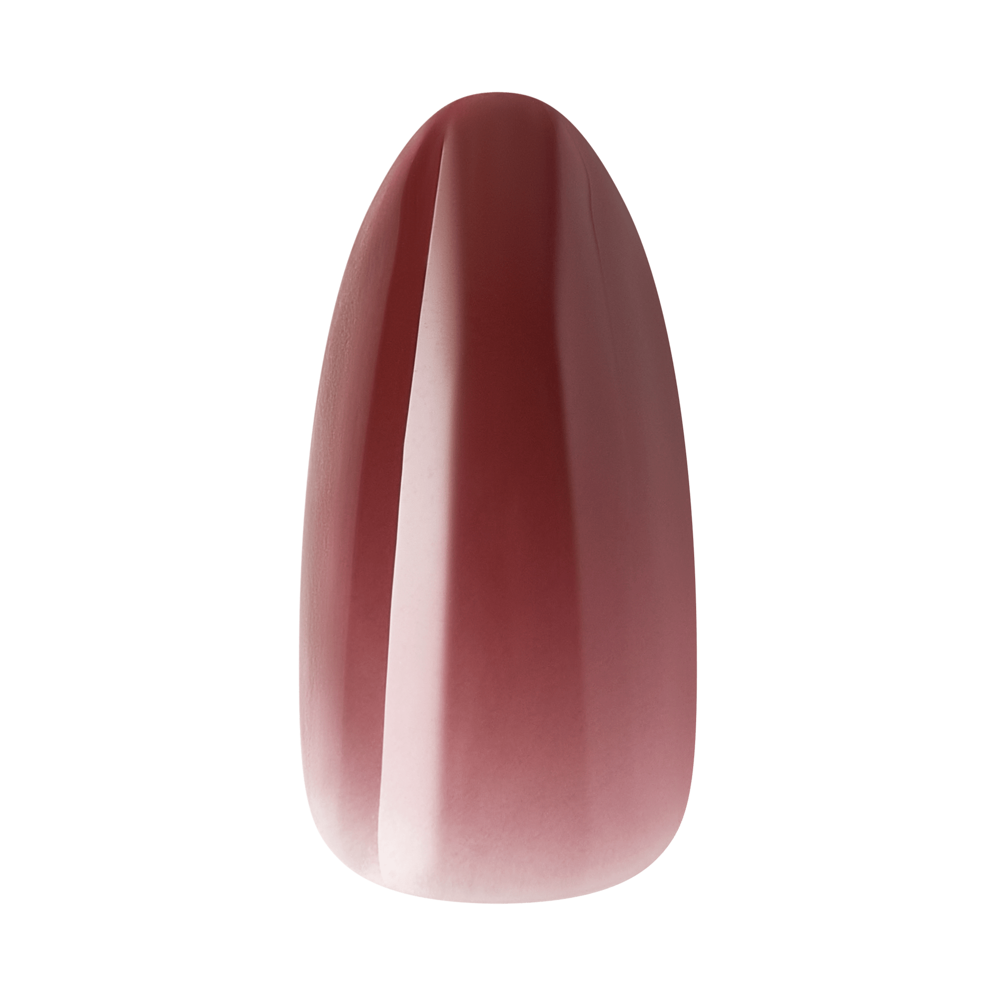 Almond-shaped nail polish swatch in burgundy-to-nude ombre gradient.