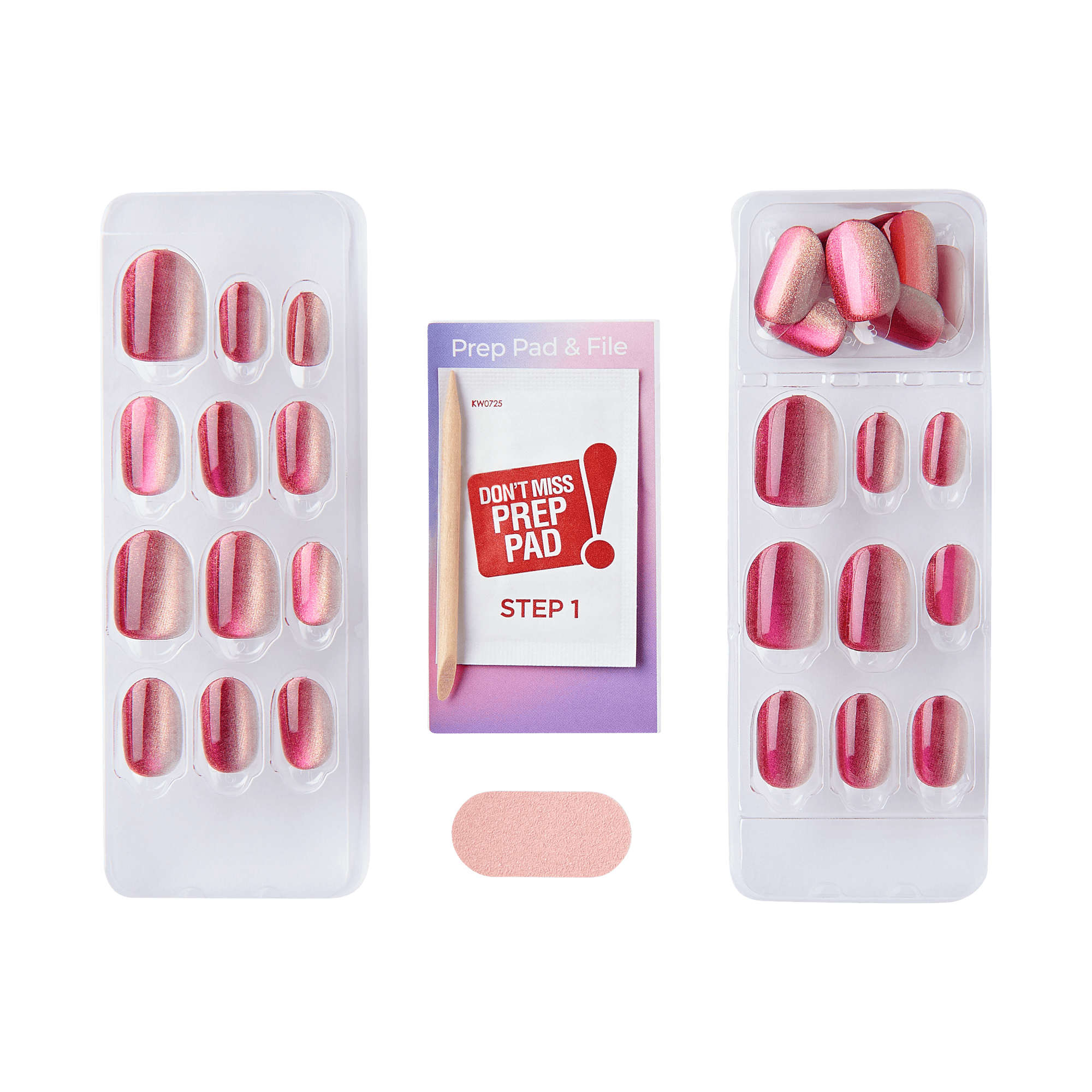 The image shows a set of press-on nails. The set includes two trays of nails in various sizes, each with a pink and red gradient design. In the center, there is a small package labeled "Prep Pad & File" with the text "Don&