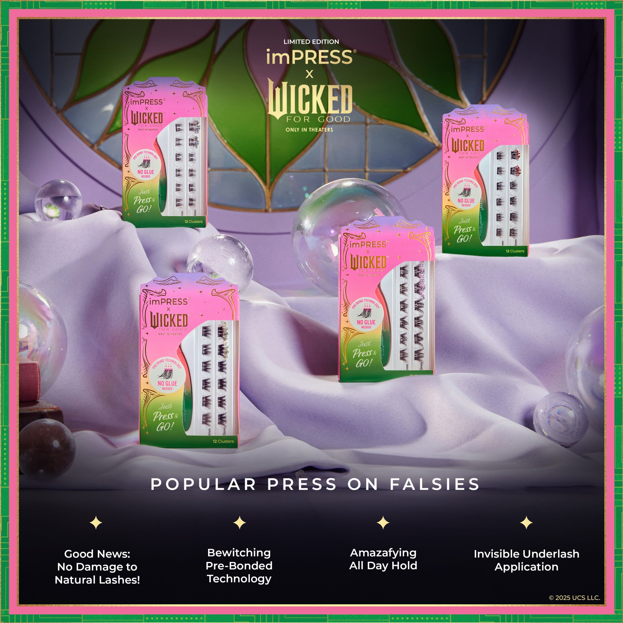 Four packages of imPRESS x Wicked For Good press-on false eyelashes displayed on lavender fabric with glass bubbles and a stained glass window background.