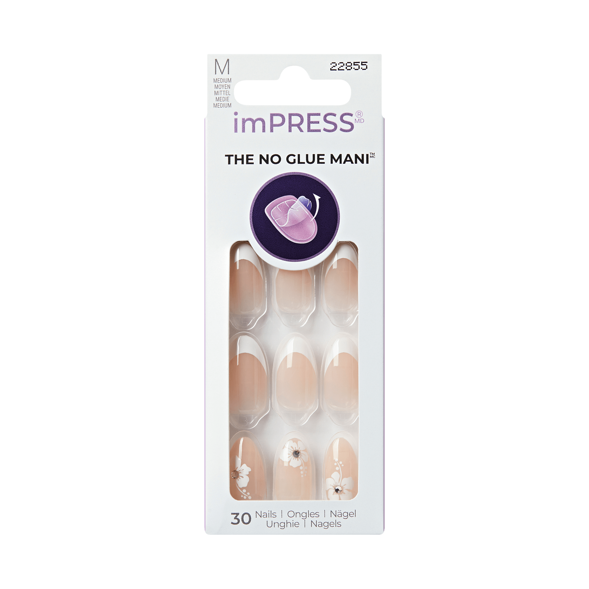 imPRESS The No Glue Mani press-on nails, medium size, 30 nails in nude with floral design