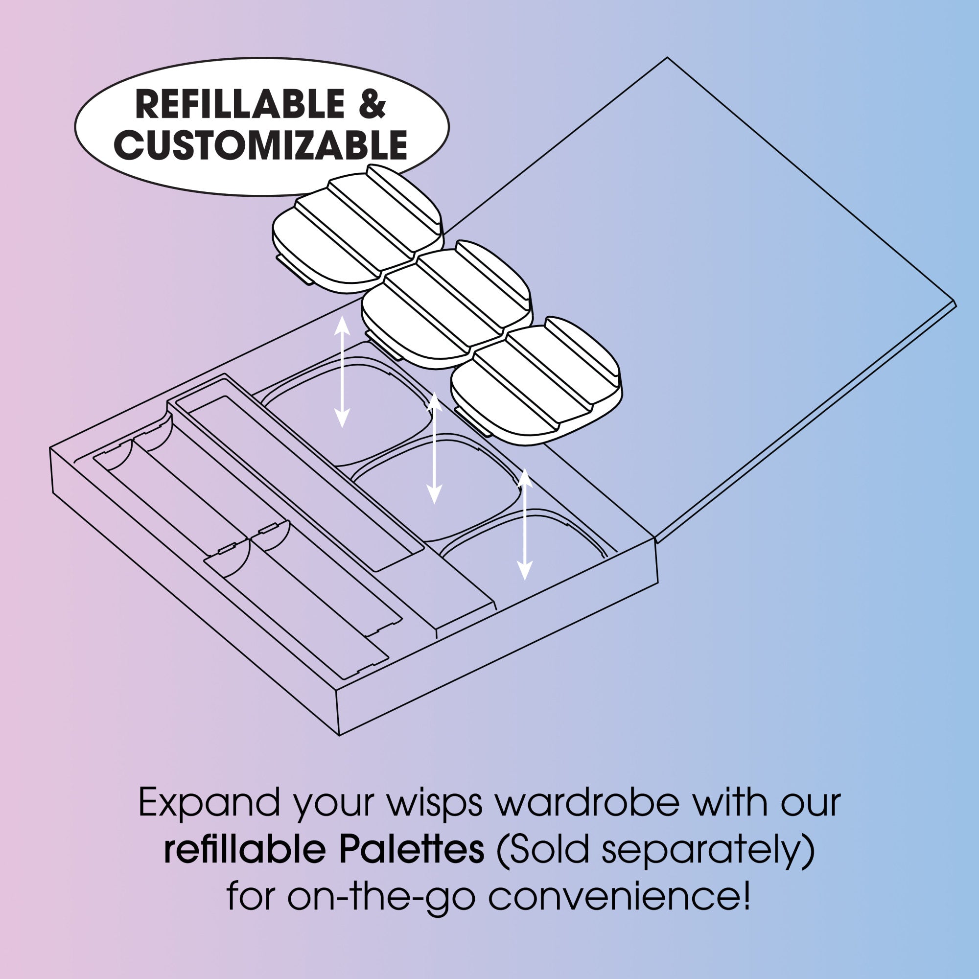 Line drawing of an open customizable lash palette with three refill compartments and arrows showing refilling, plus text highlighting the palette is refillable and sold separately for on-the-go use.