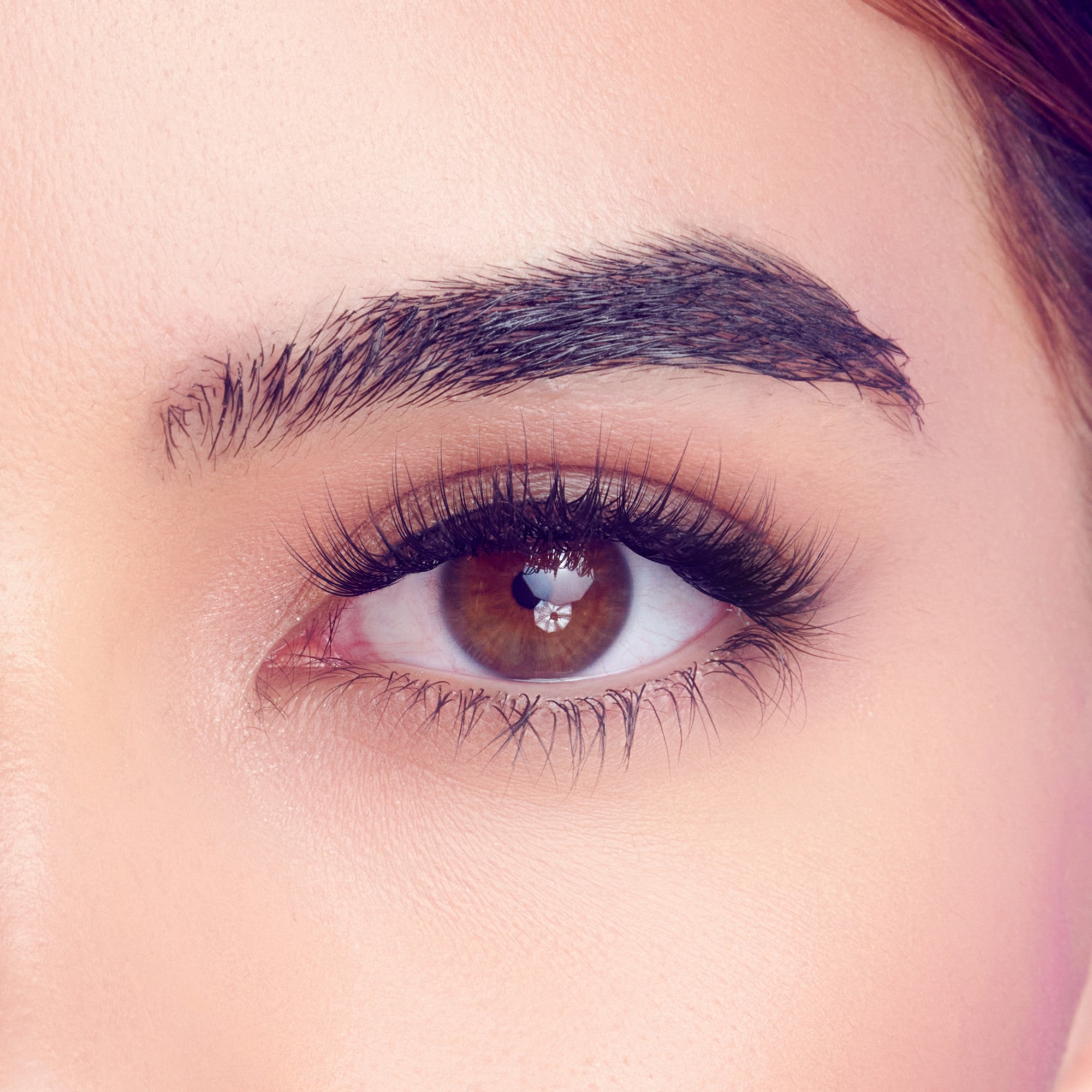 Close-up view of a brown eye with long, delicate, spiky false lash extensions creating a natural yet voluminous look on the upper lashes.