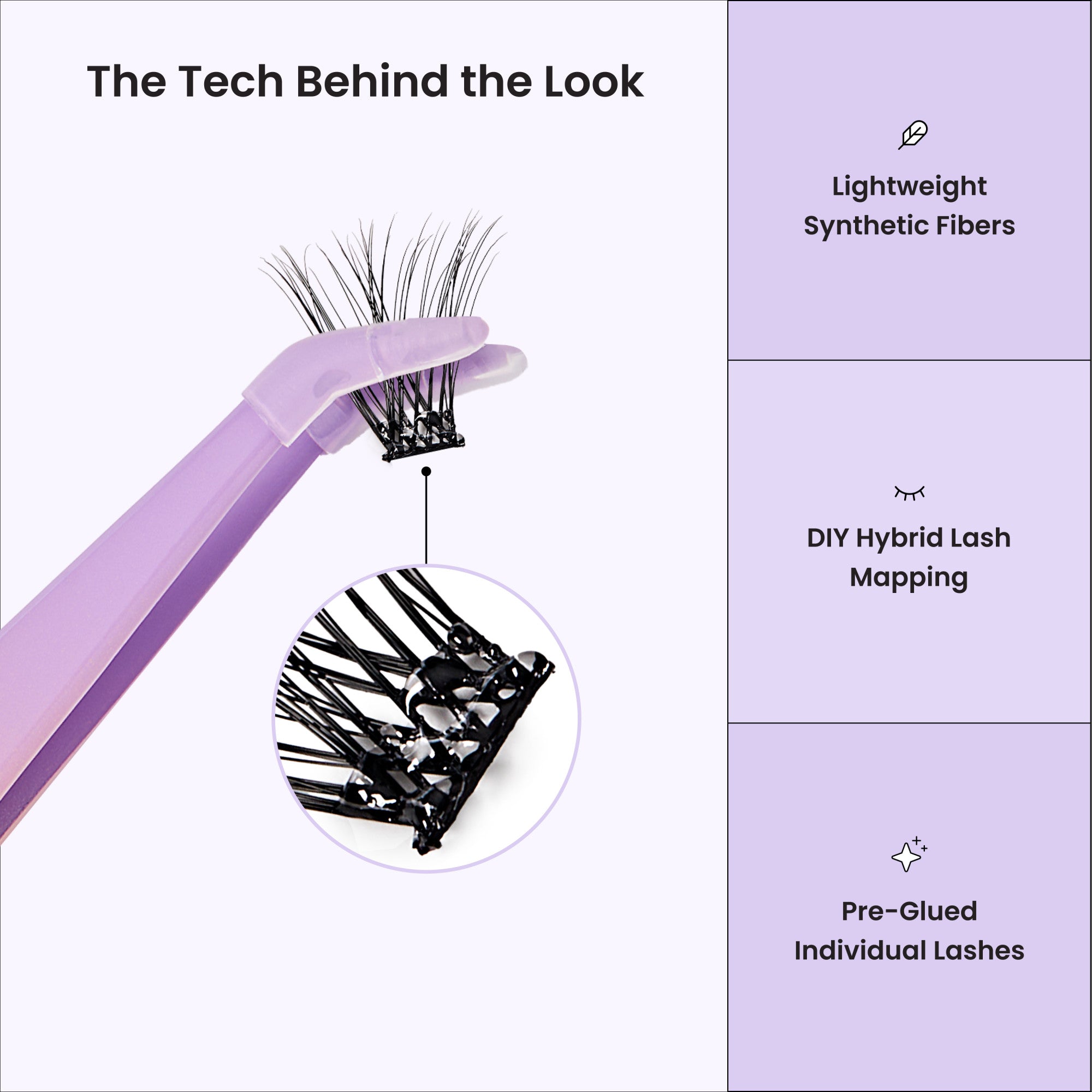 DIY hybrid lash kit with synthetic fibers, mapping guide, and pre-glued individual lashes.