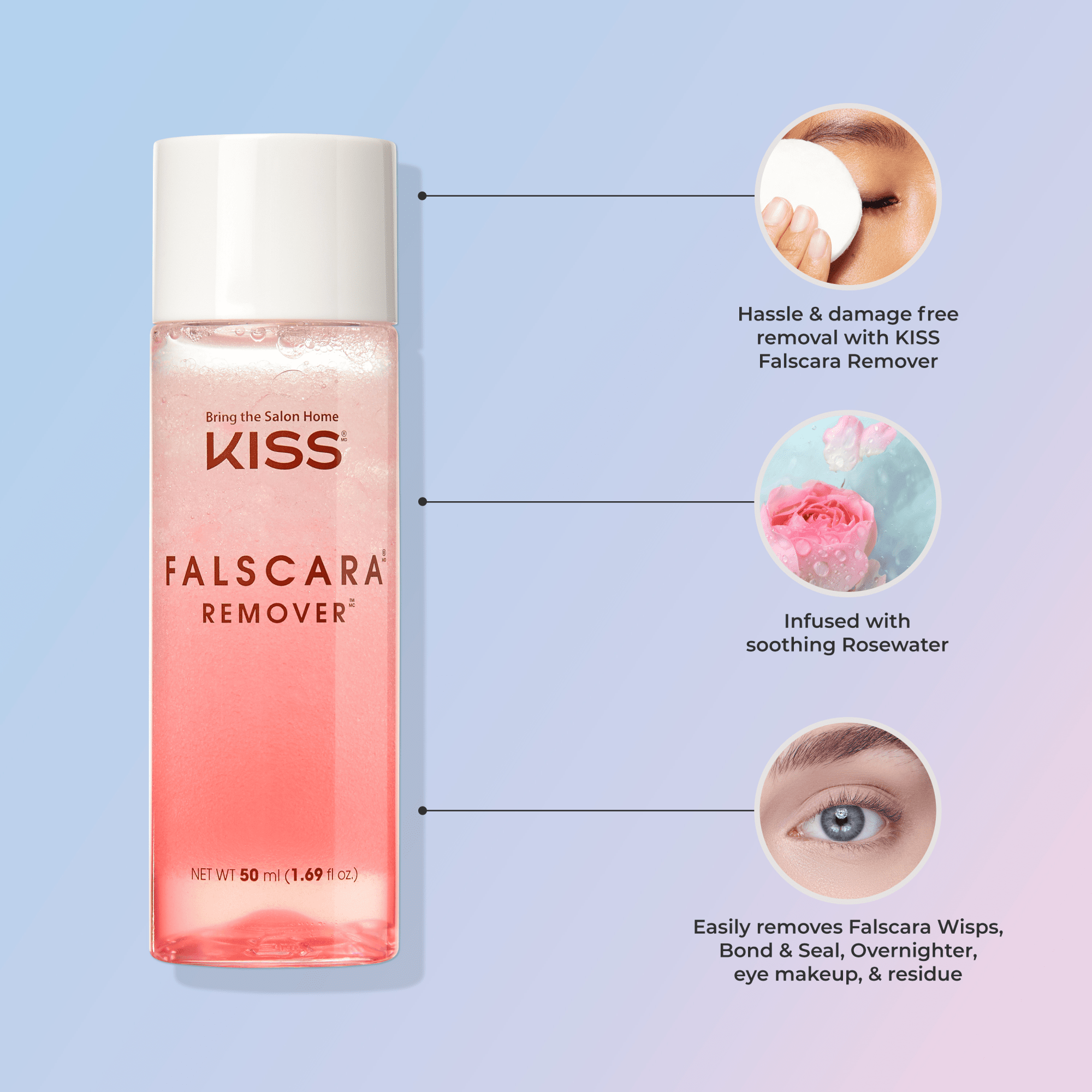 KISS Falscara Remover bottle with a white cap and pink liquid, highlighting hassle-free removal, soothing rosewater infusion, and effective cleaning of lashes and residue.