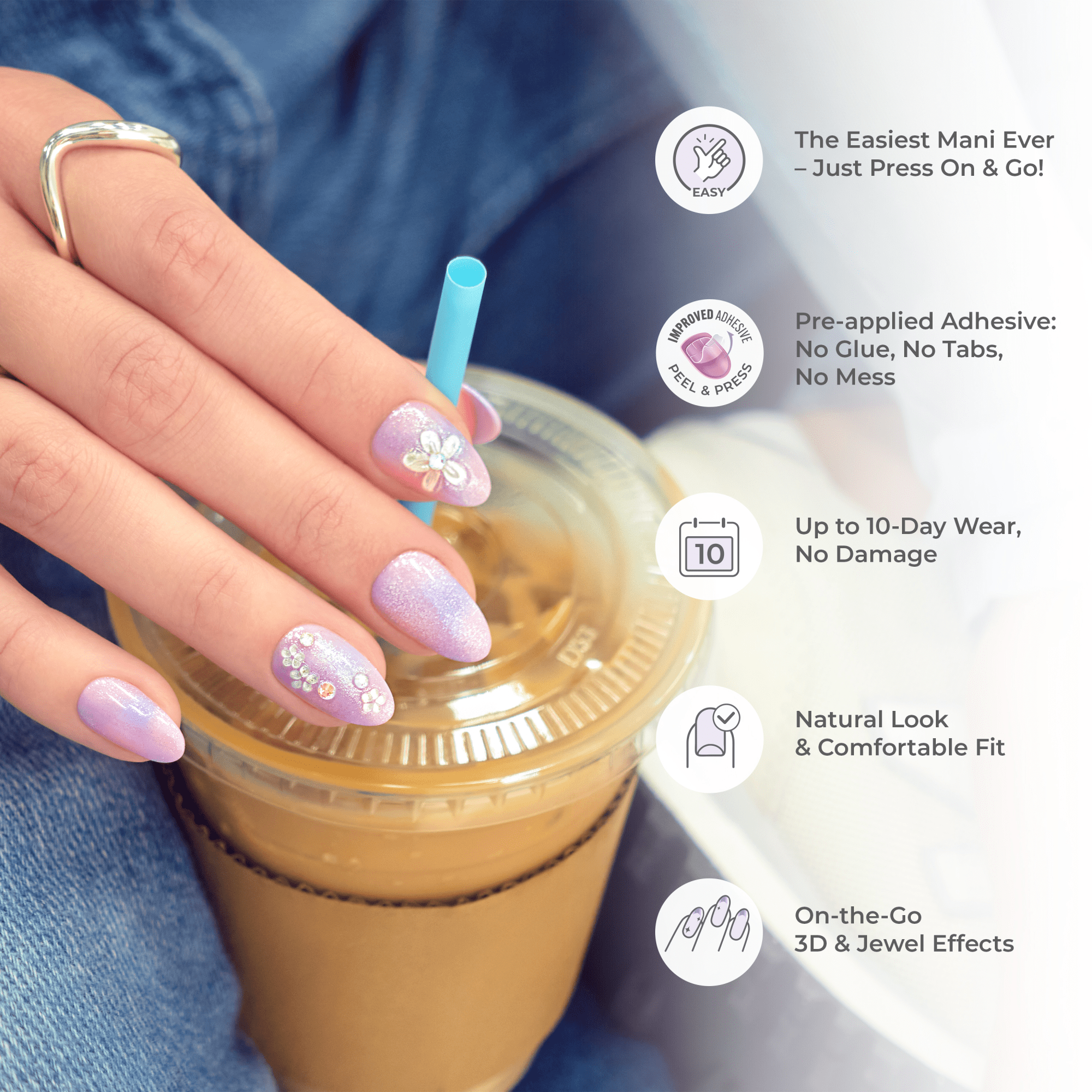 Hand with lavender press-on nails adorned with 3D white and clear jewel flowers holding iced coffee; text highlights easy application, no glue, 10-day wear, natural fit, and jewel effects.