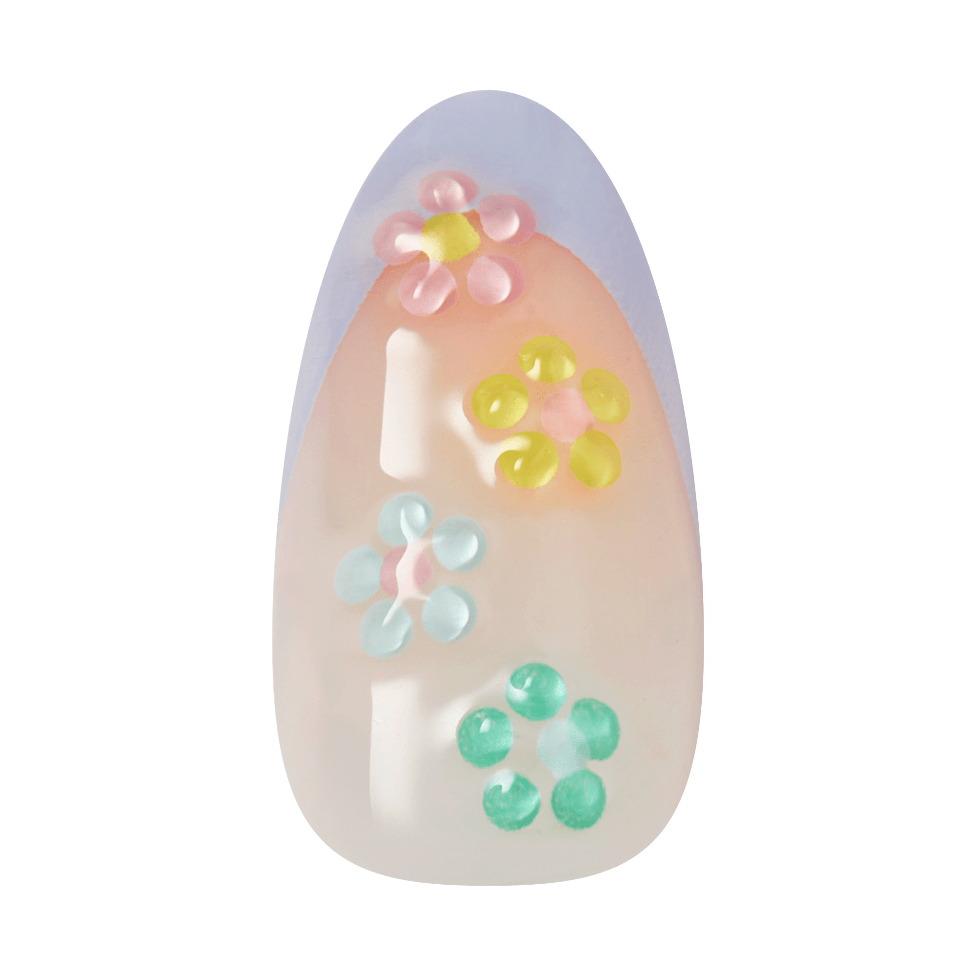 Almond-shaped nail with pastel beads: pink flowers, yellow beads, light blue flowers, green beads.