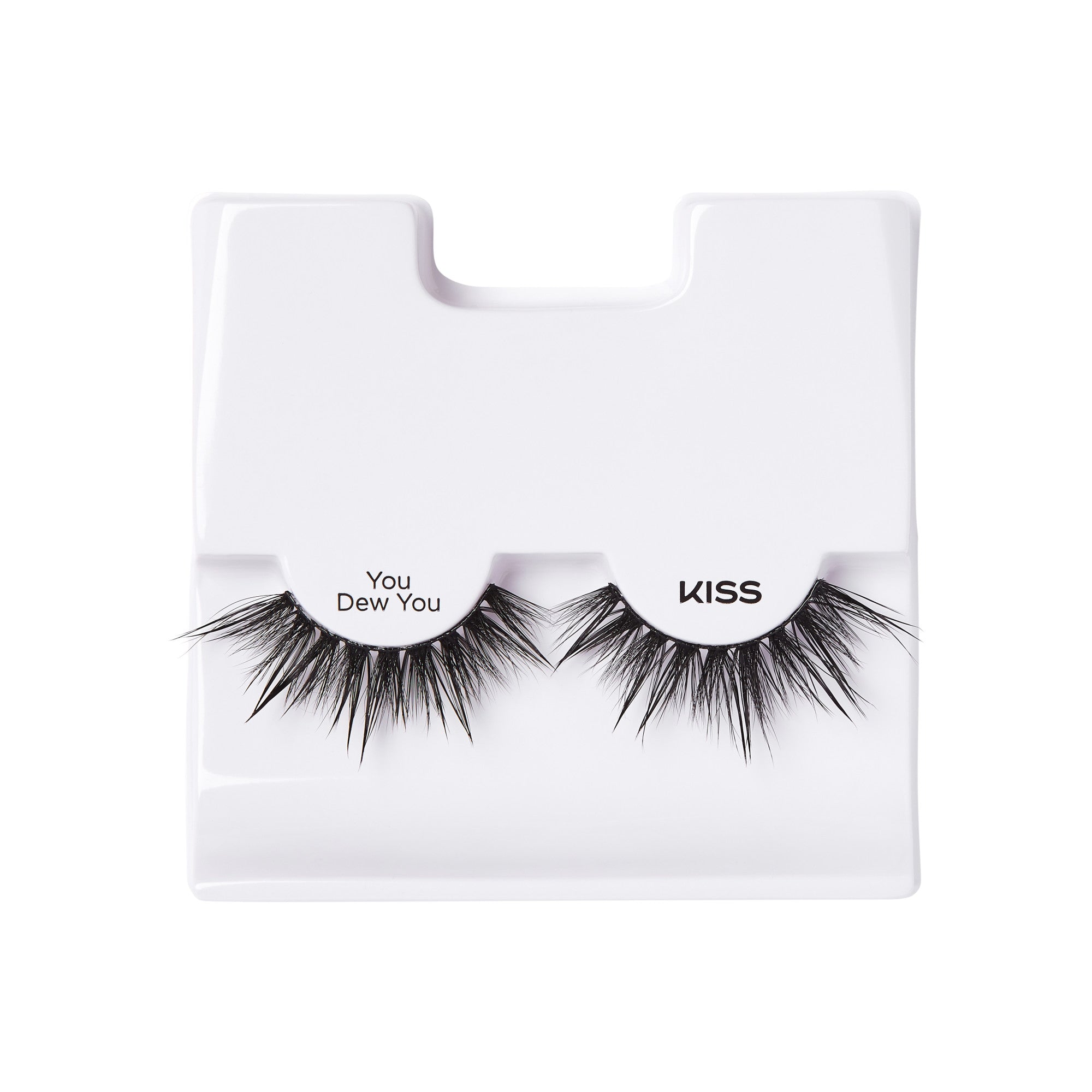 False eyelashes in black with a spiky, textured design, resting in white plastic packaging labeled \