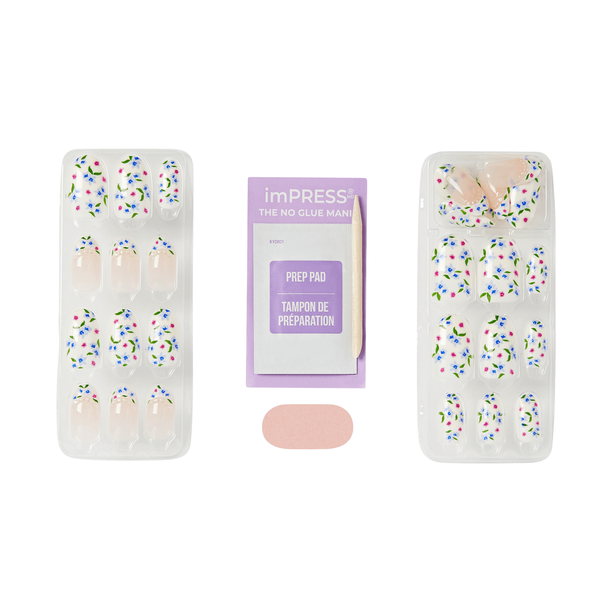 imPRESS press-on nails with colorful floral design, prep pad, and nail file included.
