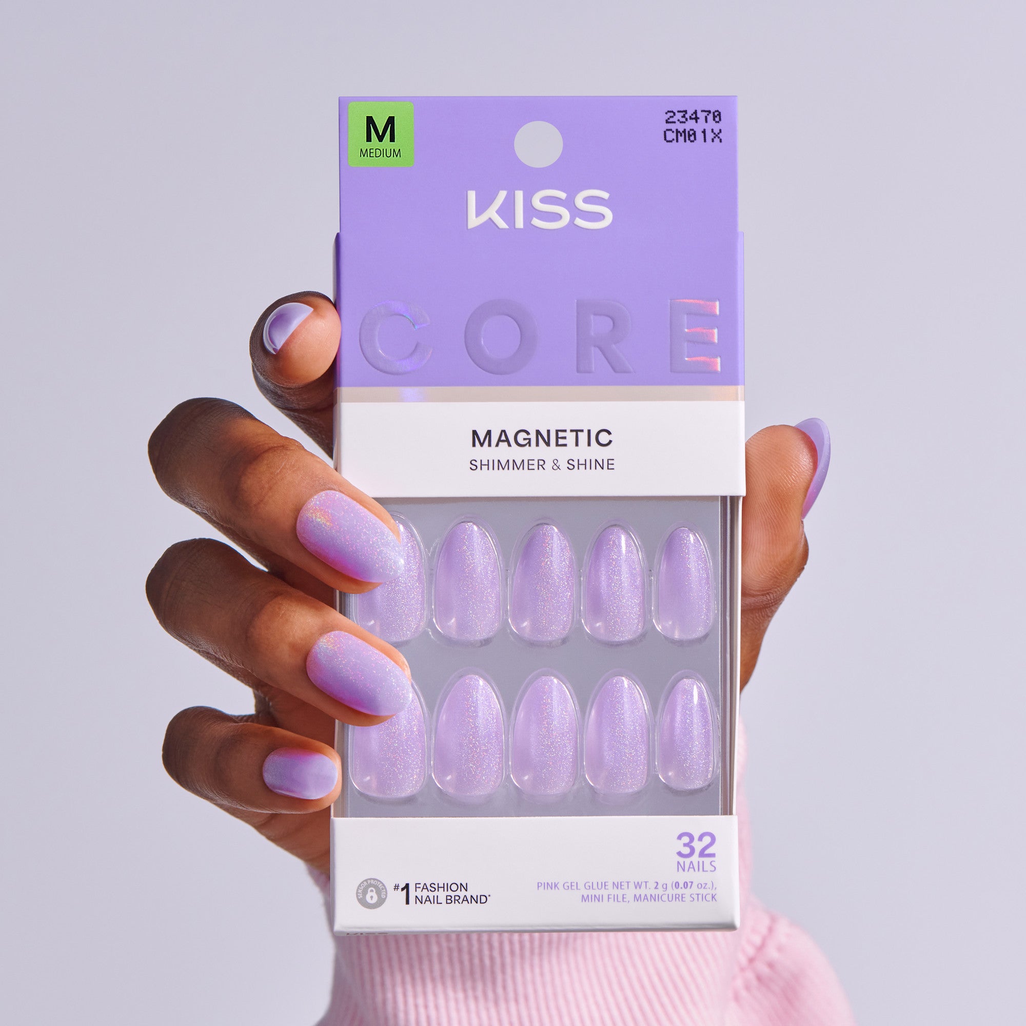 KISS Core Magnetic Shimmer & Shine nail kit in lavender with 32 nails, size Medium.