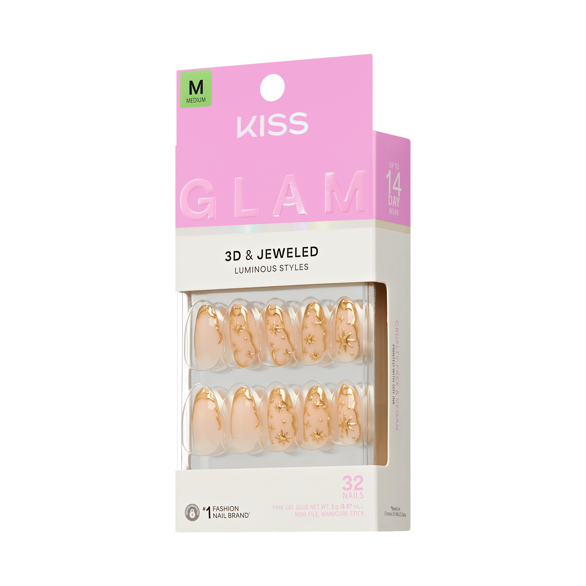 Kiss Glam 3D & Jeweled Press On Fake Glue Nails - Golden | 3D & Jewel Design, Gold, Medium, Almond