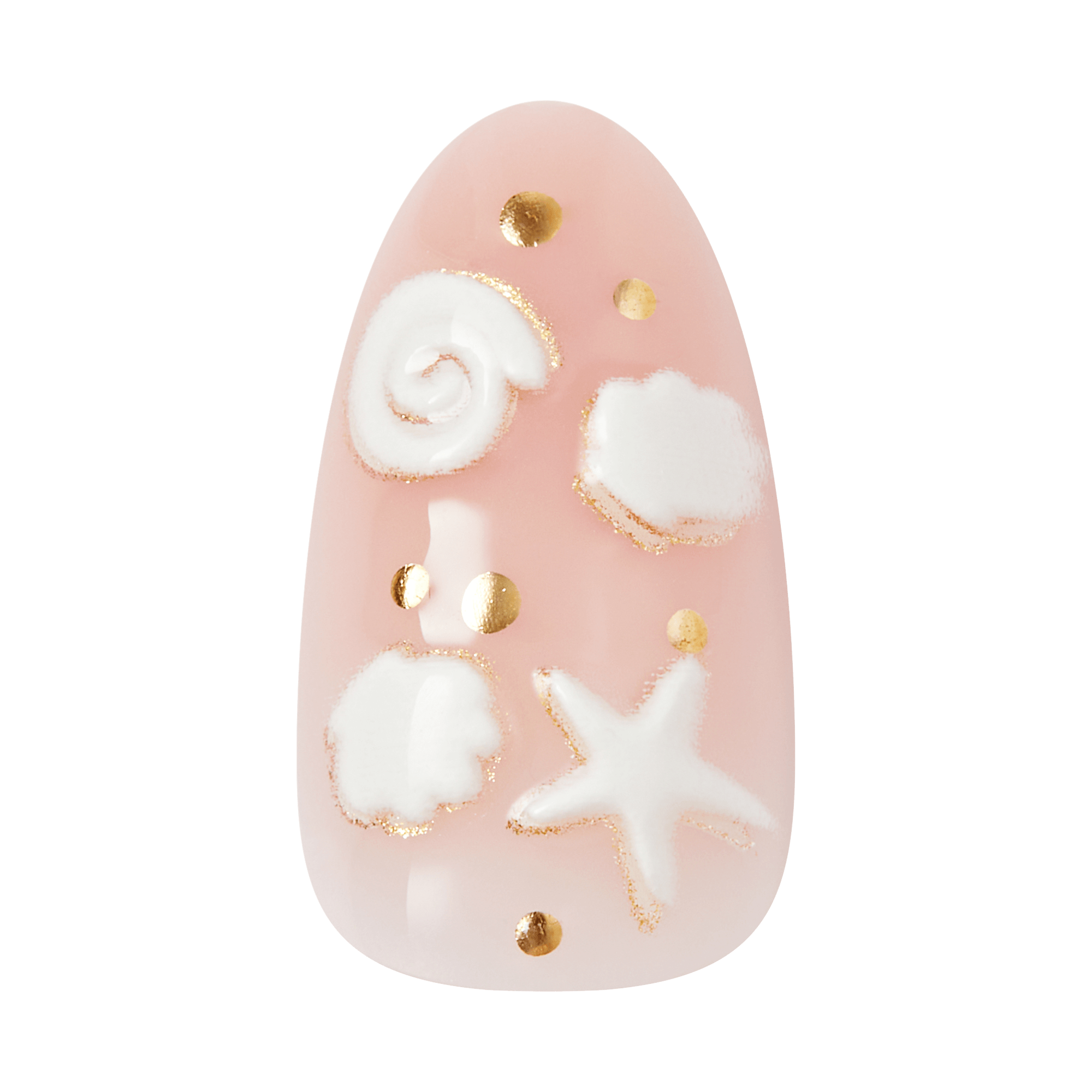 Decorative nail art with white clouds, gold dots, and a starfish on a pink background