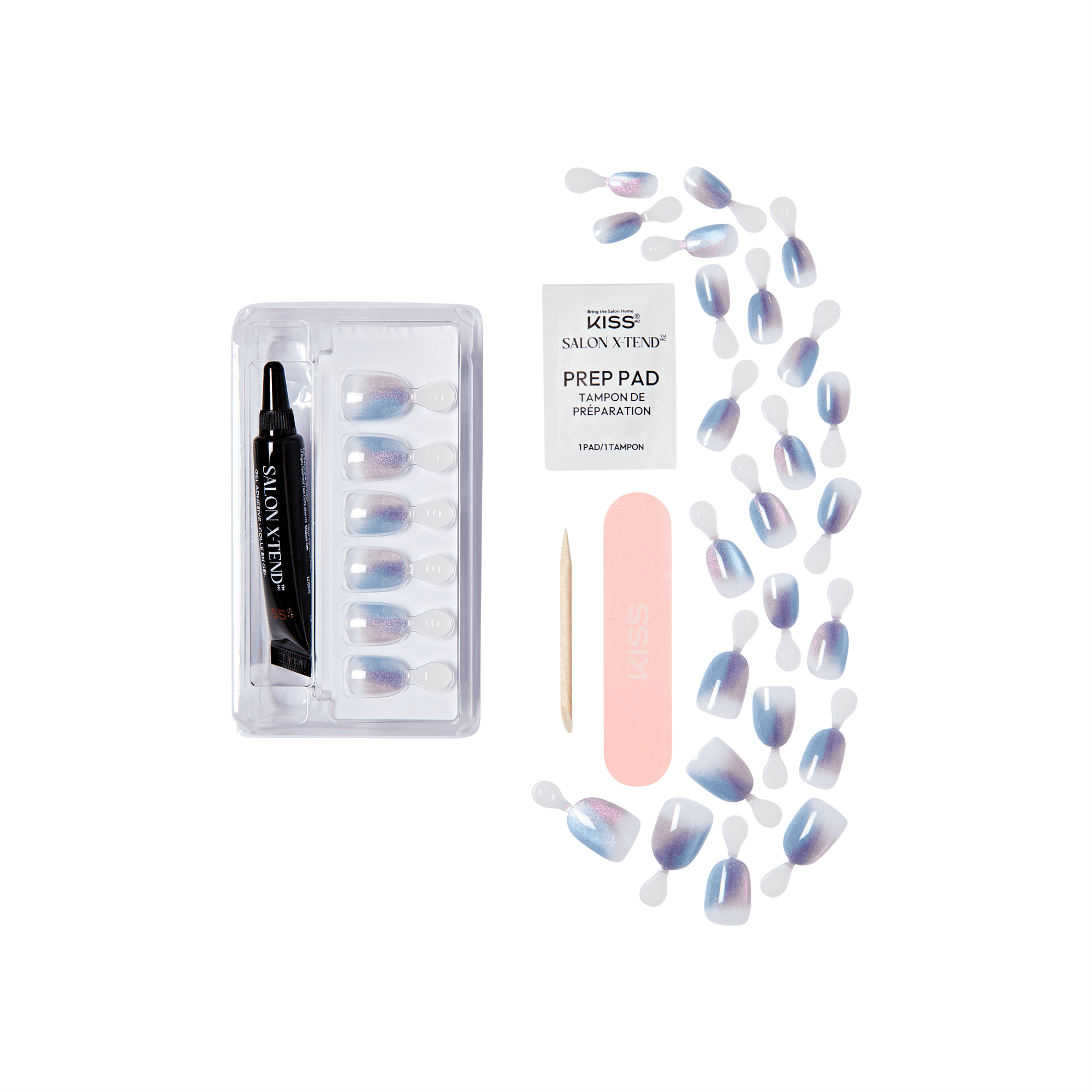 Kiss Salon X Tend nail kit with prep pad, nail file, and gradient purple press-on nails.