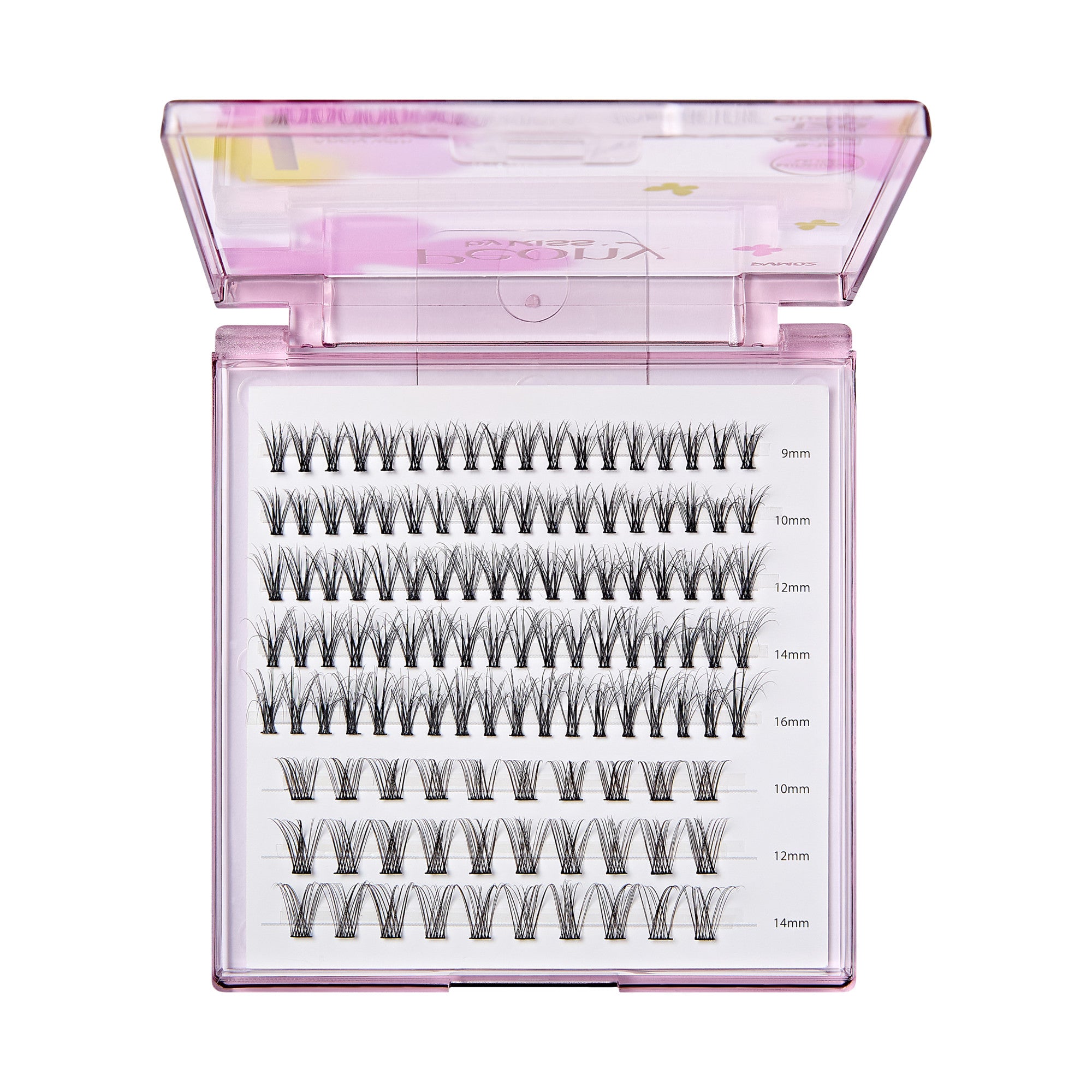 The image features a clear, pink-tinted case containing multiple rows of individual false eyelashes. Each row is labeled with different lengths, ranging from 8mm to 16mm. The eyelashes are arranged neatly, showcasing a variety of styles and lengths, which are designed for enhancing the appearance of natural lashes. The case has a decorative design on the lid, adding a playful touch to the overall presentation.