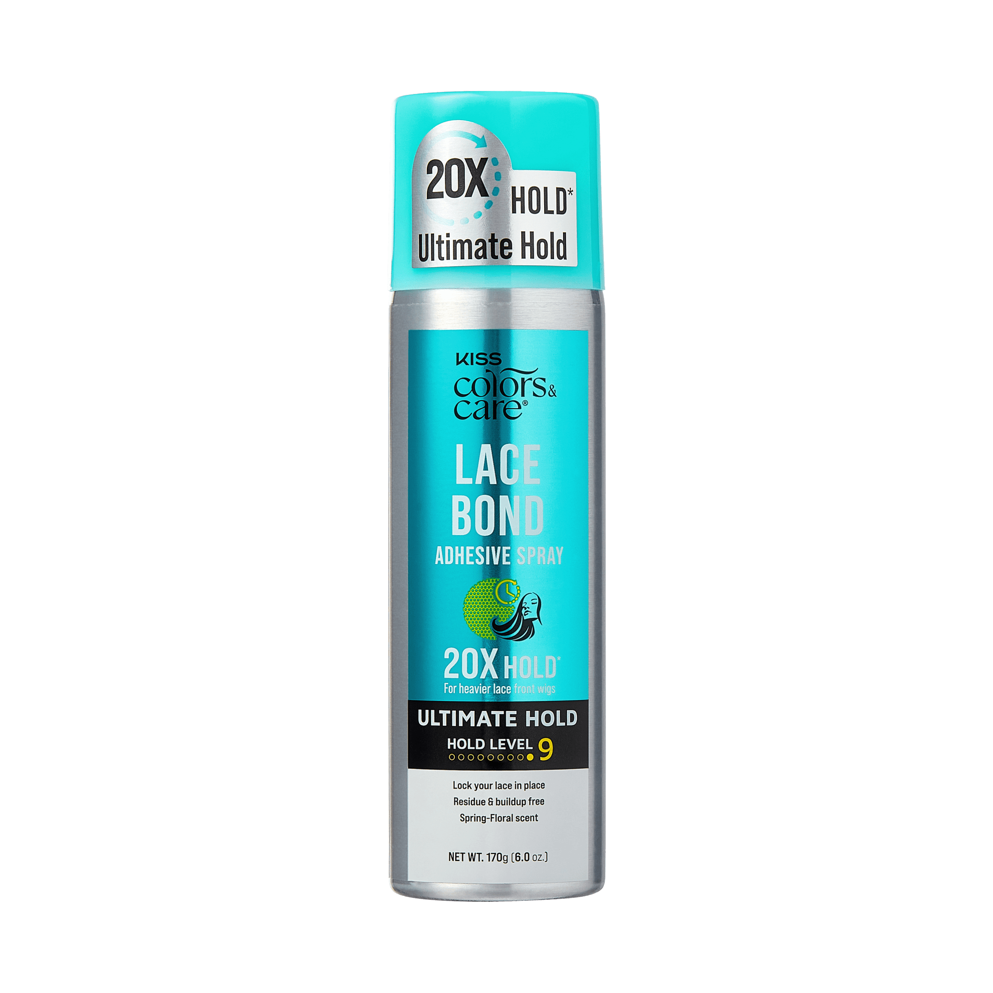 The image features a can of "Kiss Colors & Care Lace Bond Adhesive Spray." The packaging is predominantly silver with a turquoise label. The label highlights the product&