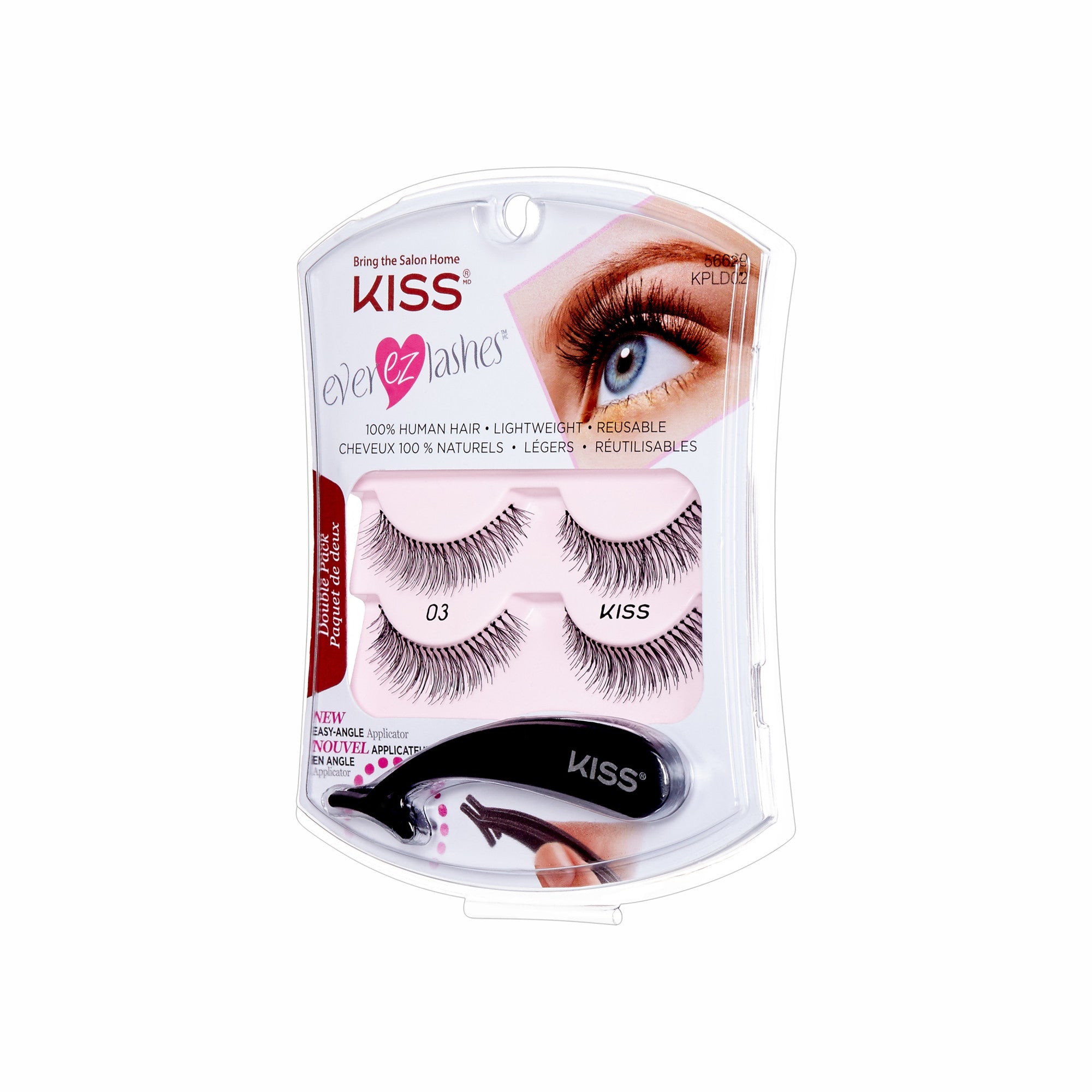 KISS Ever Ez Lashes double pack with two pairs of natural-looking false eyelashes labeled 03, 100% human hair, lightweight, reusable, includes black easy-angle applicator.