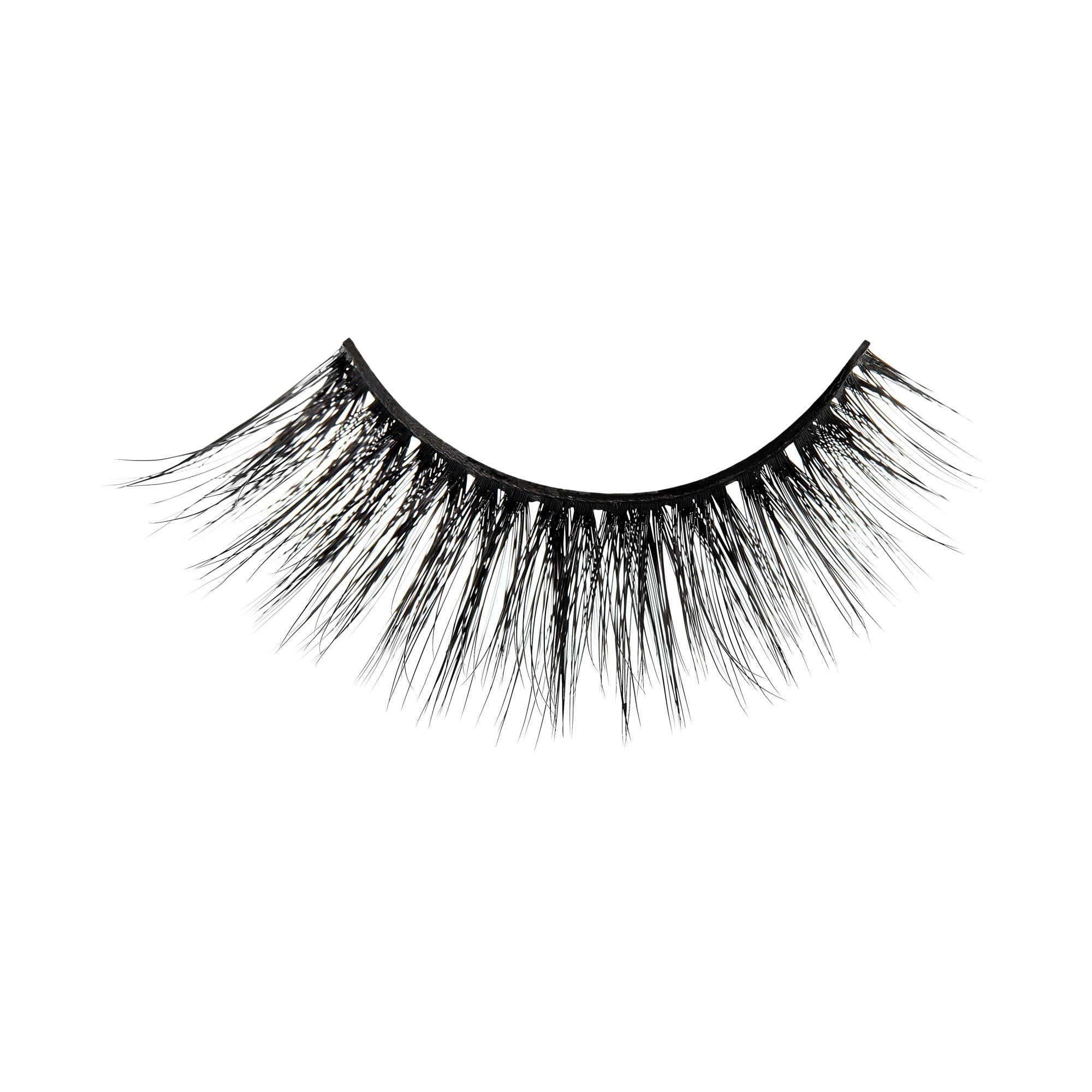 Black false eyelashes with full, voluminous lashes on a white background.