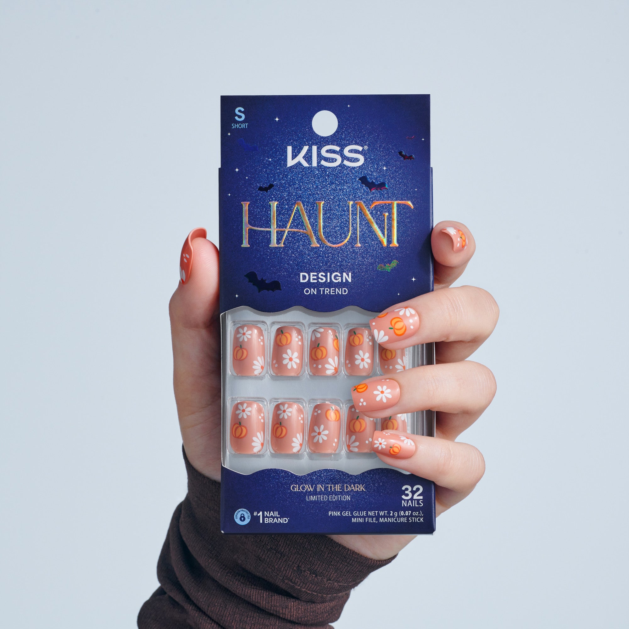 Kiss Haunt Halloween Press On Fake Glue Nails - Nailed By Night | Design, Orange, Short, Squoval, Glow In The Dark