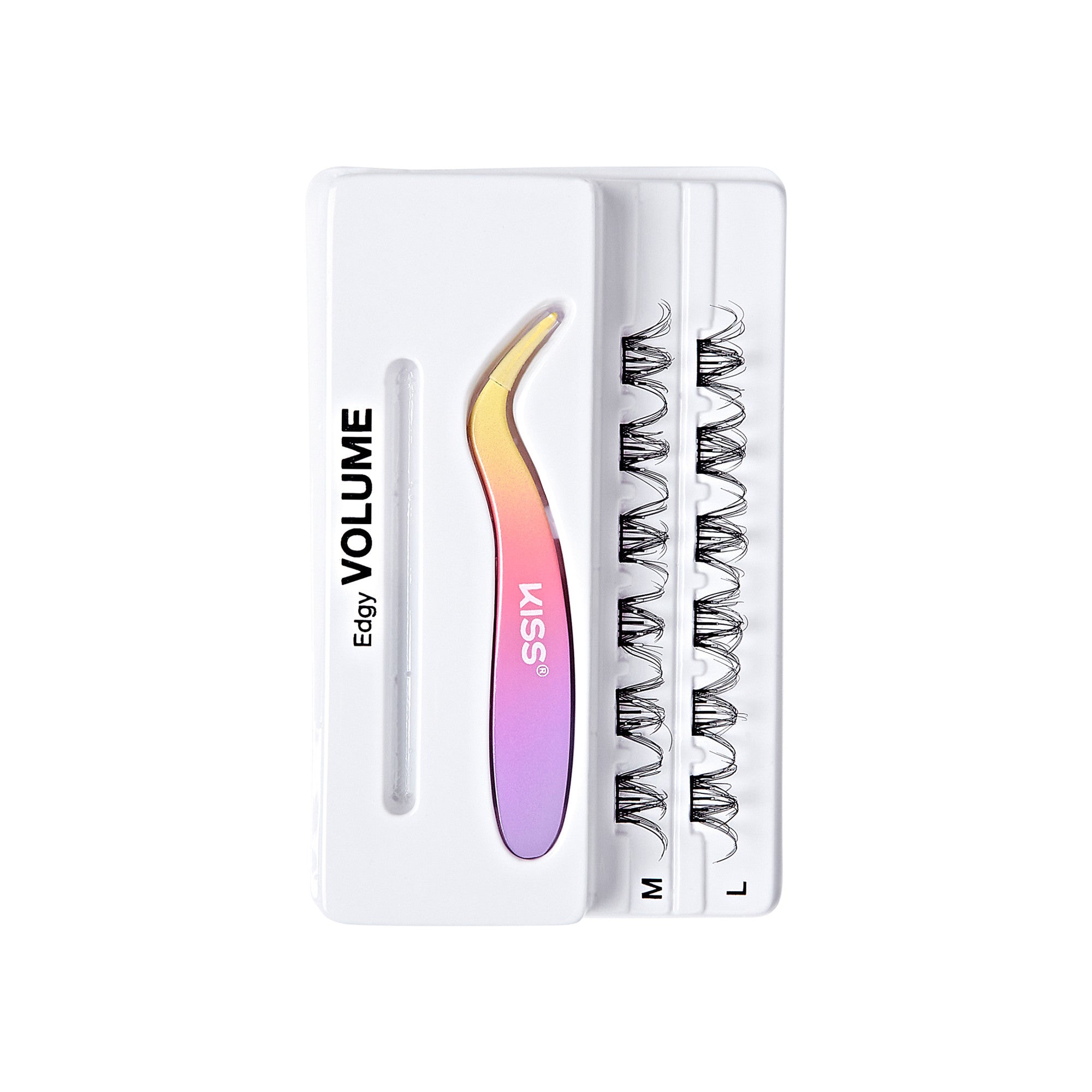 The image shows a product package for false eyelashes. The package is predominantly white and features three sets of false eyelashes labeled "S," "M," and "L" to indicate different sizes. Alongside the eyelashes, there is a pair of tweezers with a gradient color scheme transitioning from yellow to pink to purple. The tweezers are branded with the name "KISS." The packaging also includes the text "Edgy VOLUME" on the left side.