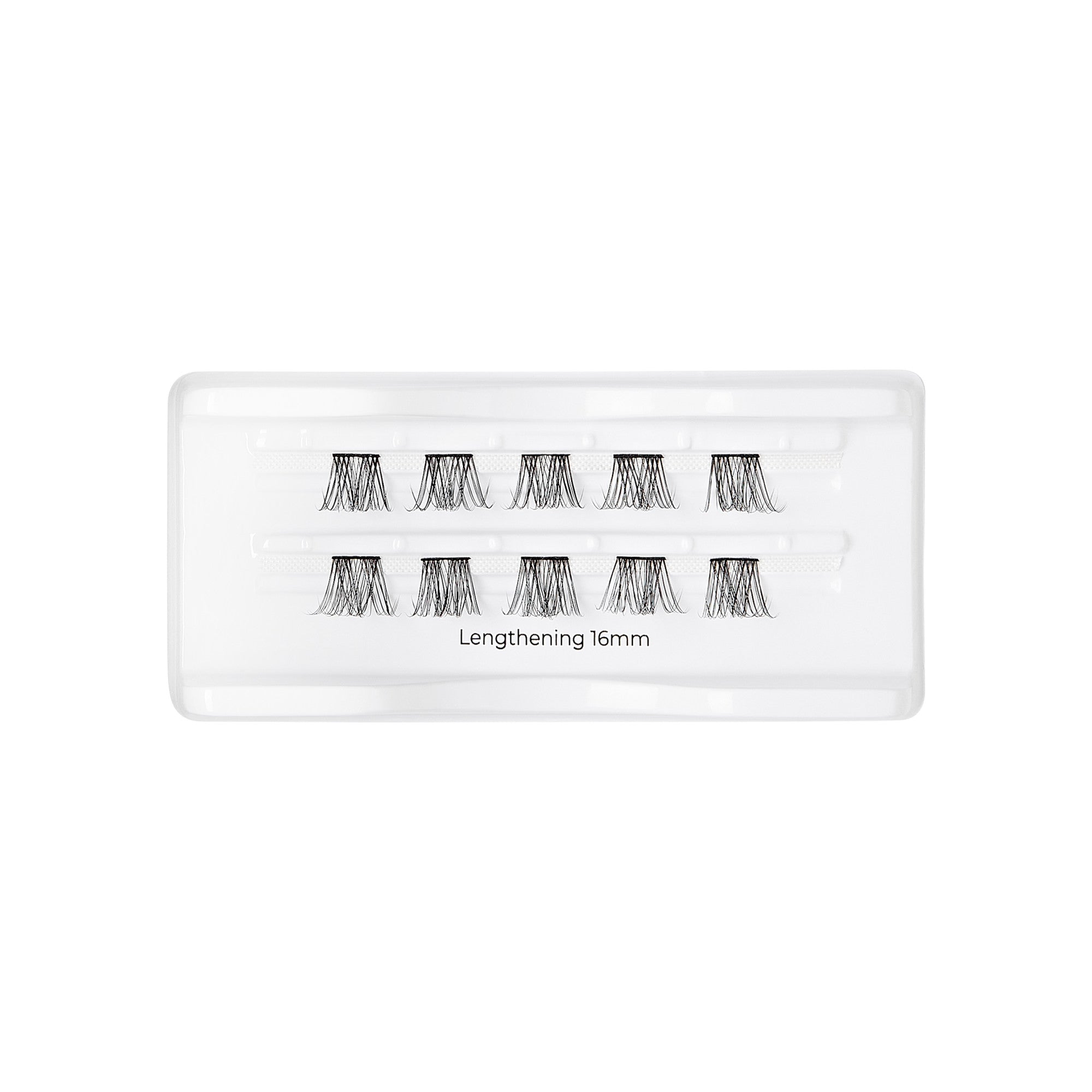 Plastic tray containing ten small clusters of black false eyelashes arranged in two rows, labeled \